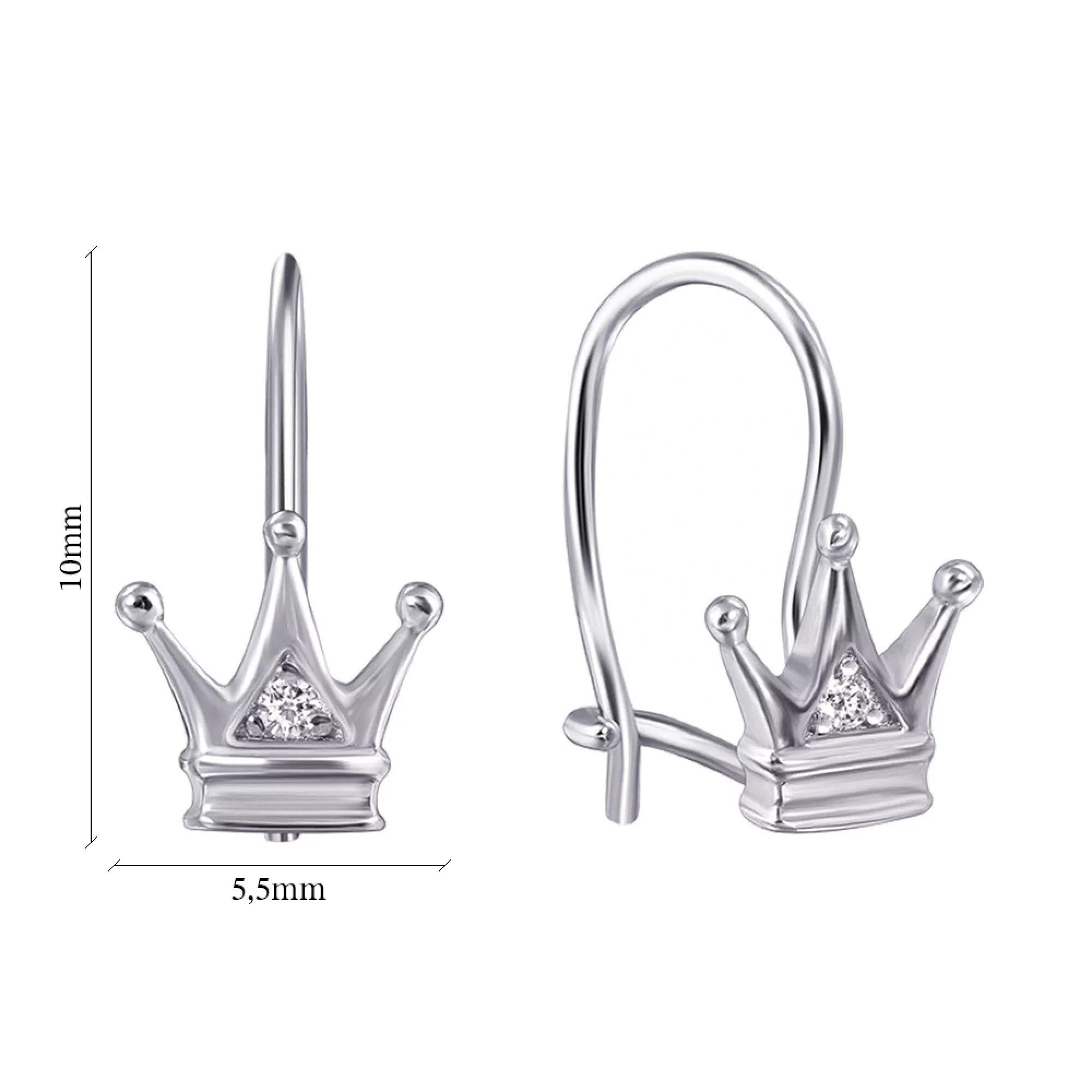 Серебряные серьги-петли "Корона" с фианитом - 1508595 – изображение 2