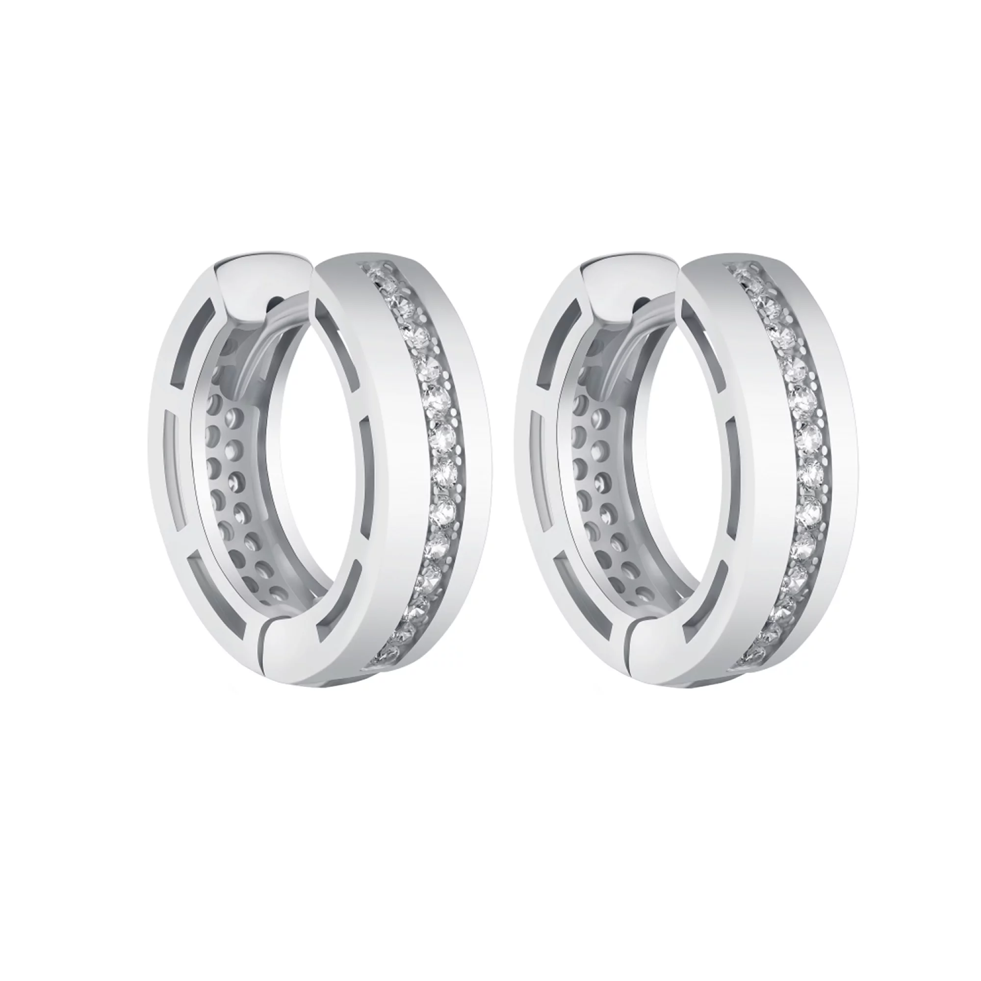 Сережки-кільця з розсипом фіанітів у сріблі - 1572436 – зображення 2