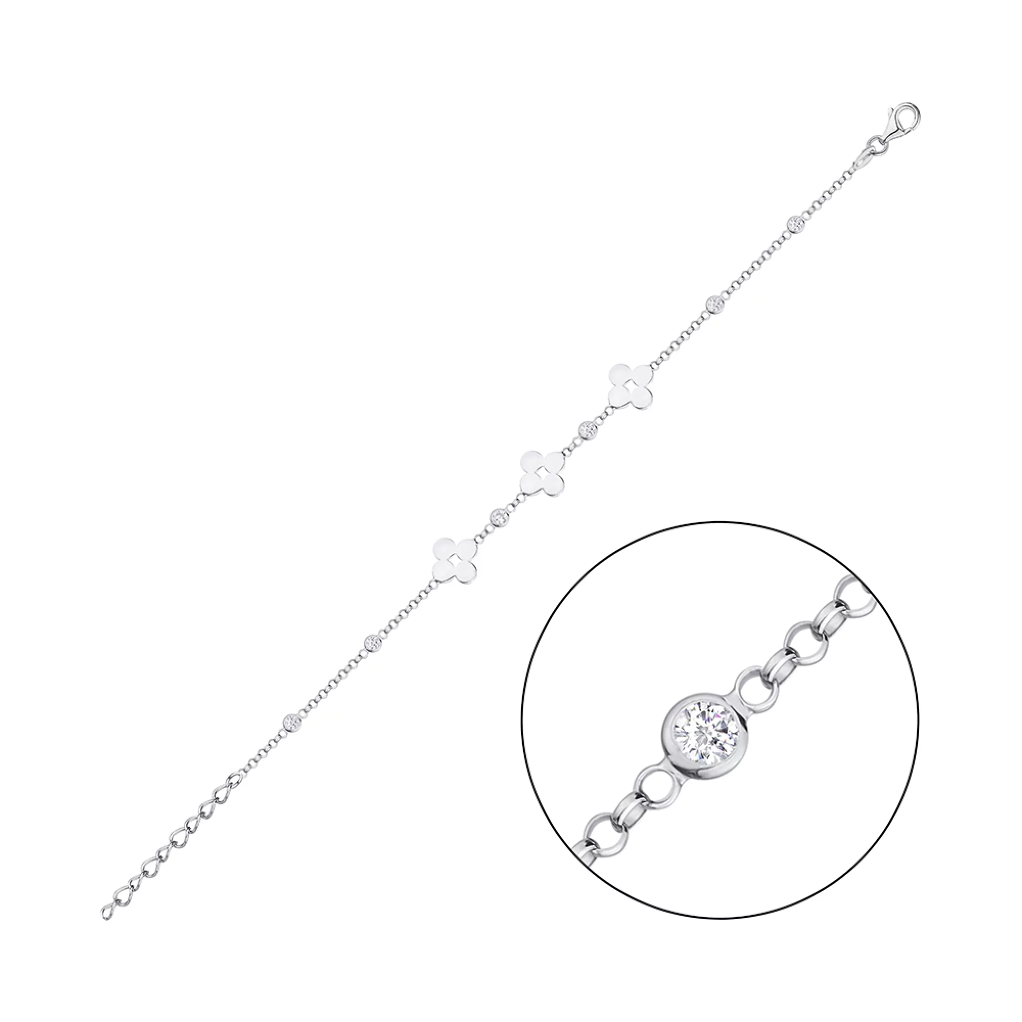 Серебряный браслет "Клевер" с фианитом плетение якорь - 1315281 – изображение 2