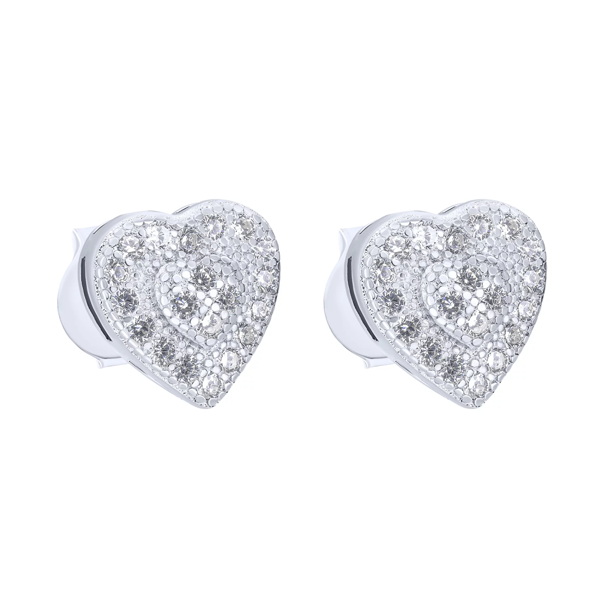 Срібні сережки-гвоздики "Серце" з розсипом фіанітів - 1627117 – зображення 1