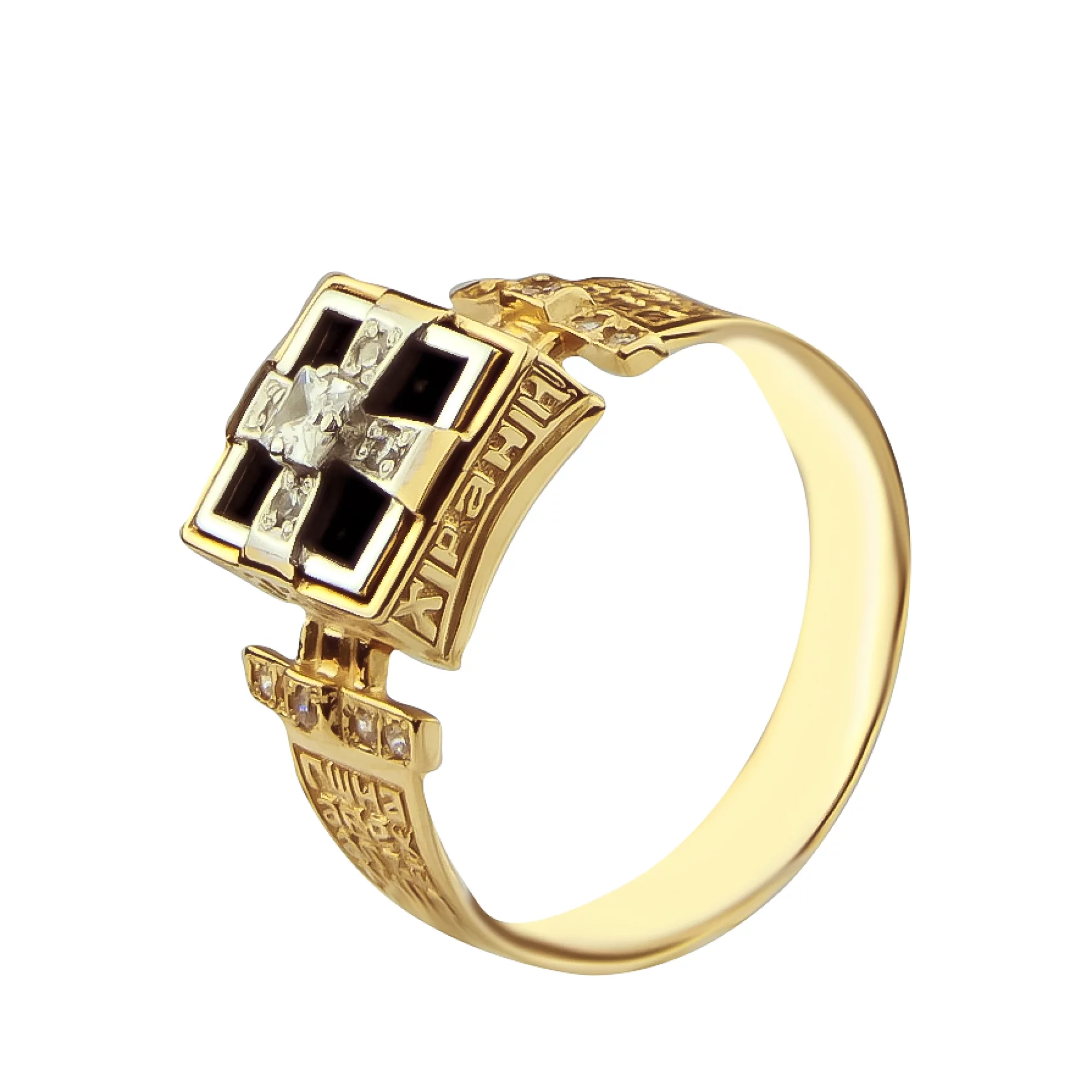 Перстень-печатка из красного золота с ониксом и фианитами - 414146 – изображение 1