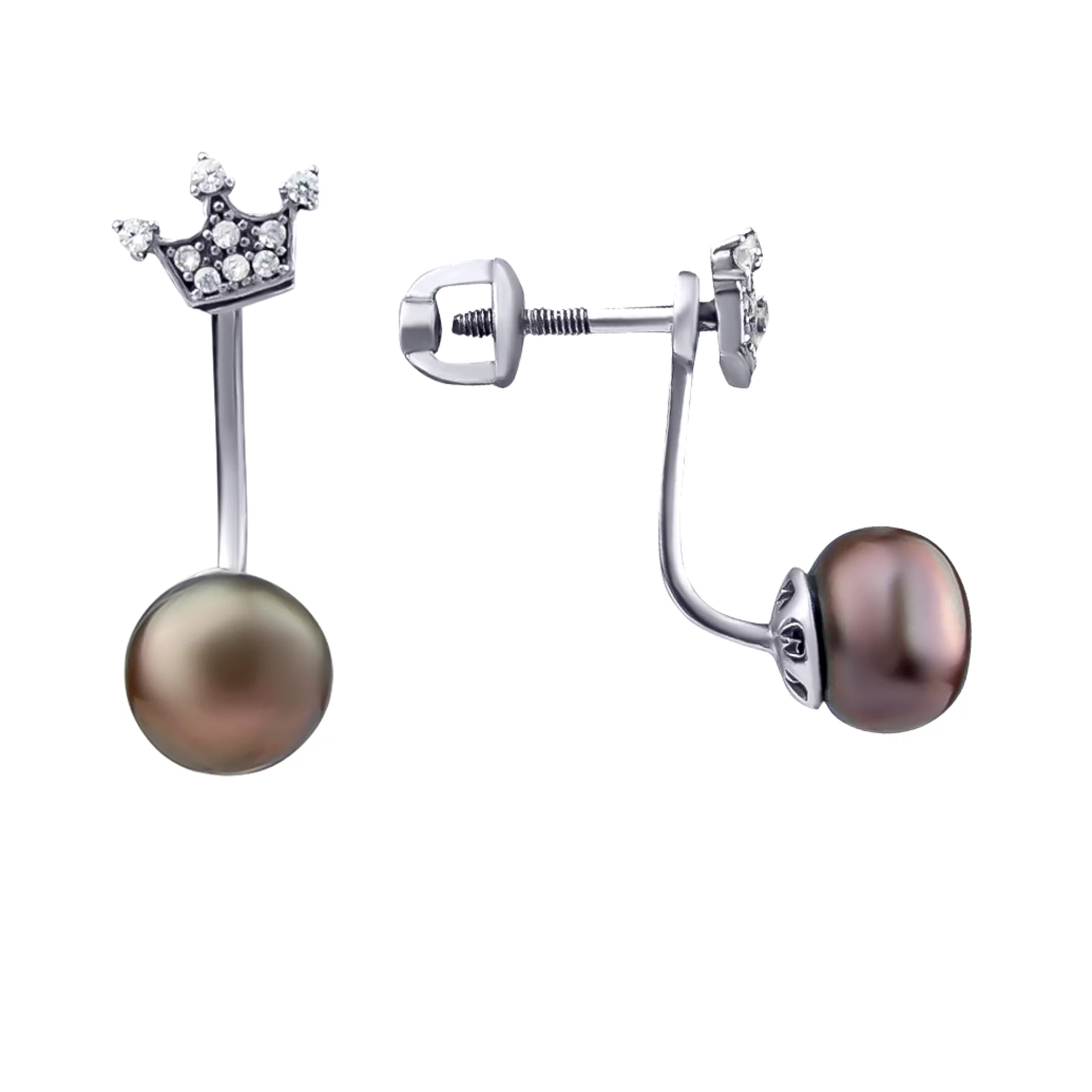 Серебряные серьги с черным жемчугом и цирконием - 622443 – изображение 1