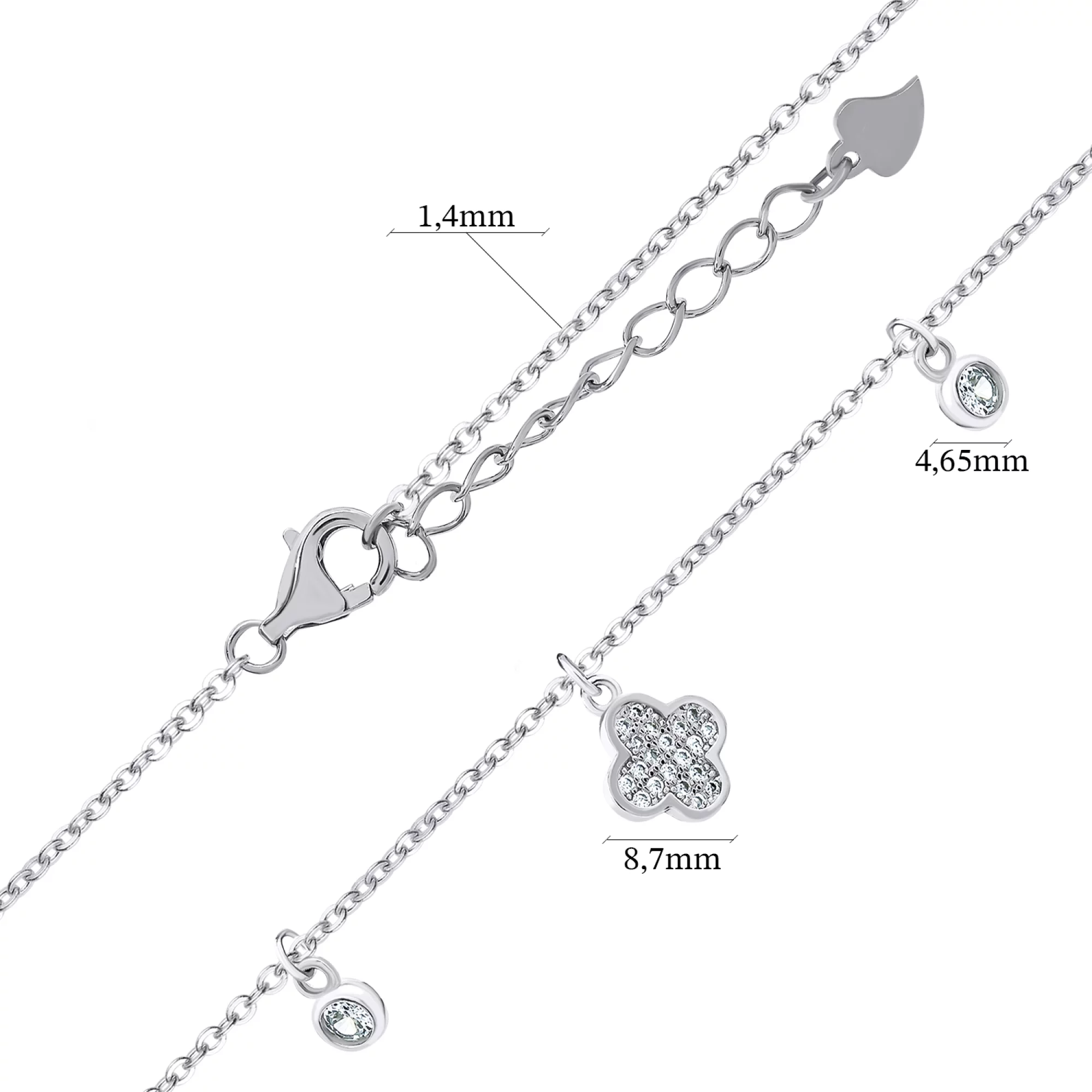 Срібне кольє з підвісками "Конюшина" з фіанітами з плетінням якір - 1521085 – зображення 3