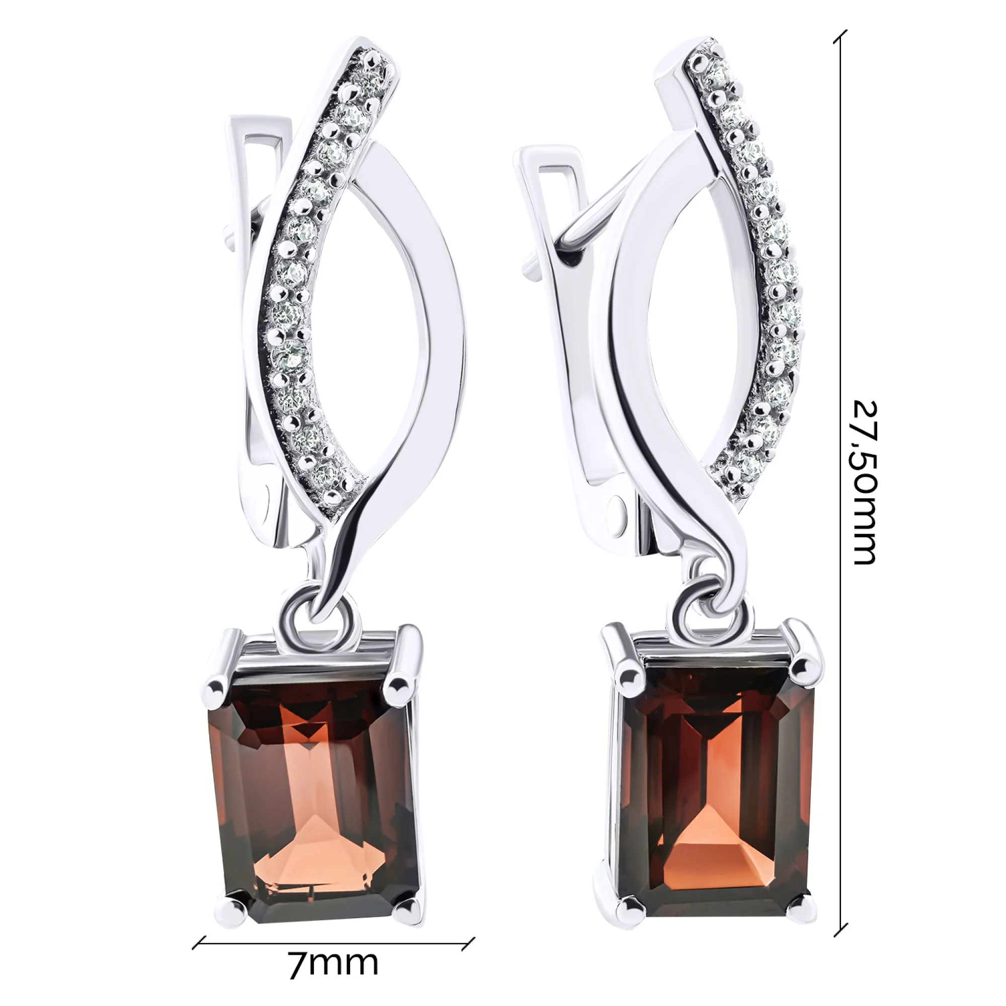 Серьги из серебра с подвесным гранатом и дорожкой фианитов - 1524830 - 3