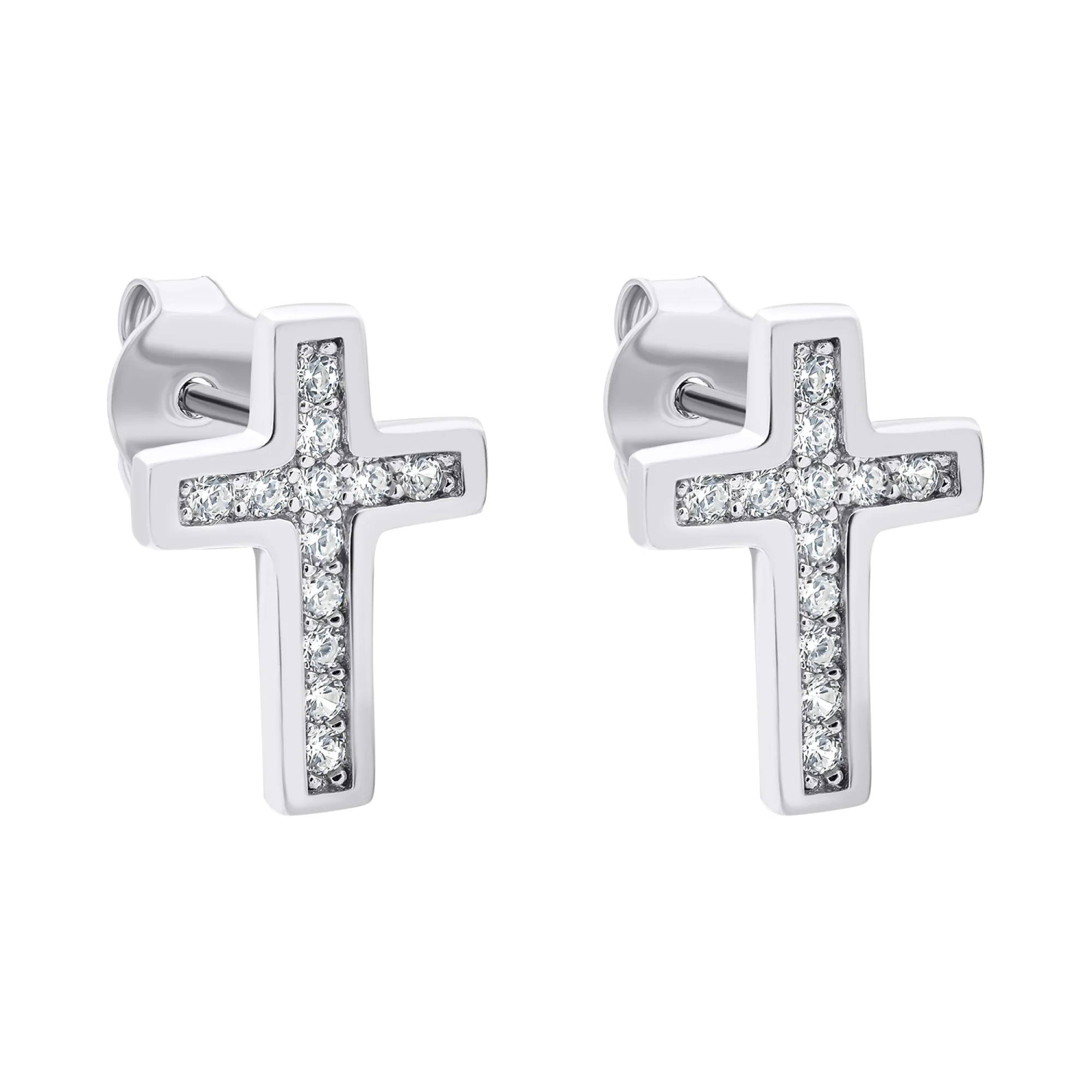 Серьги-гвоздики крестики из серебра с фианитами - 1521645 - 1