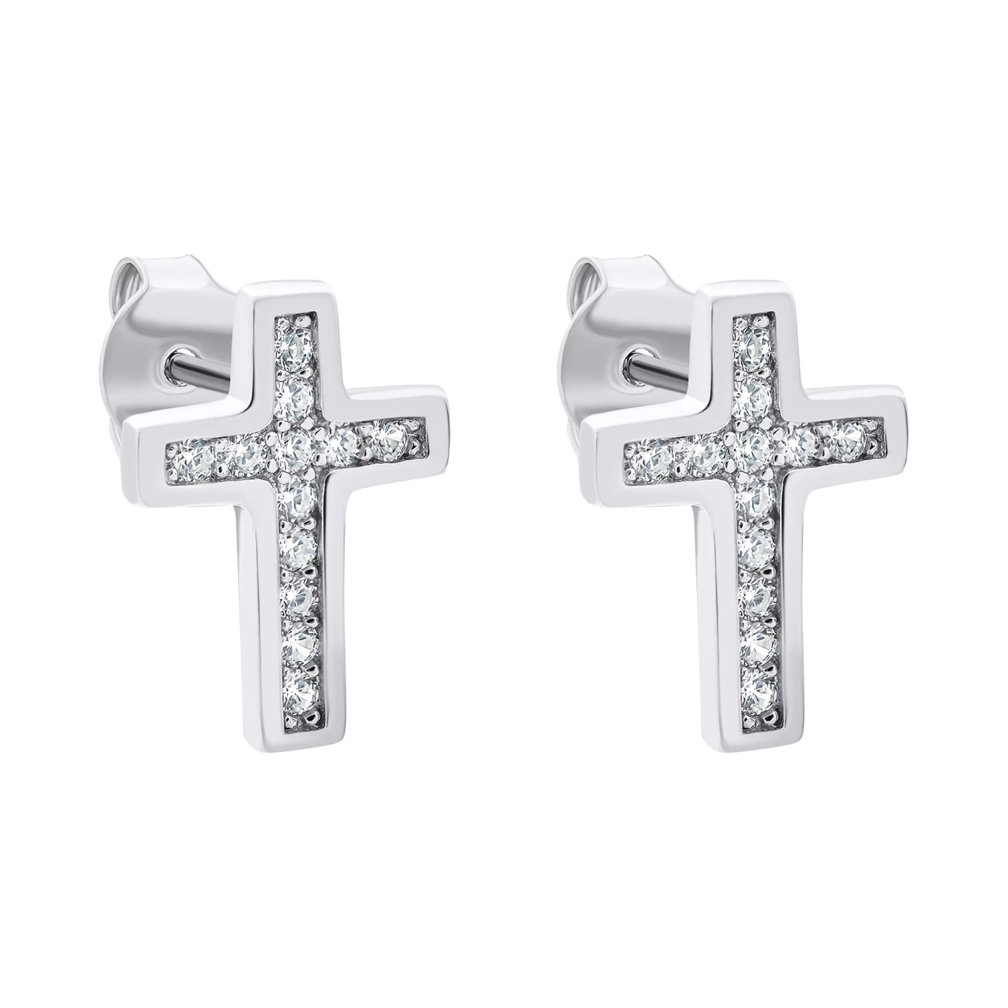 Сережки-гвоздики хрестики зі срібла з фіанітами  - 1521645 – зображення 1