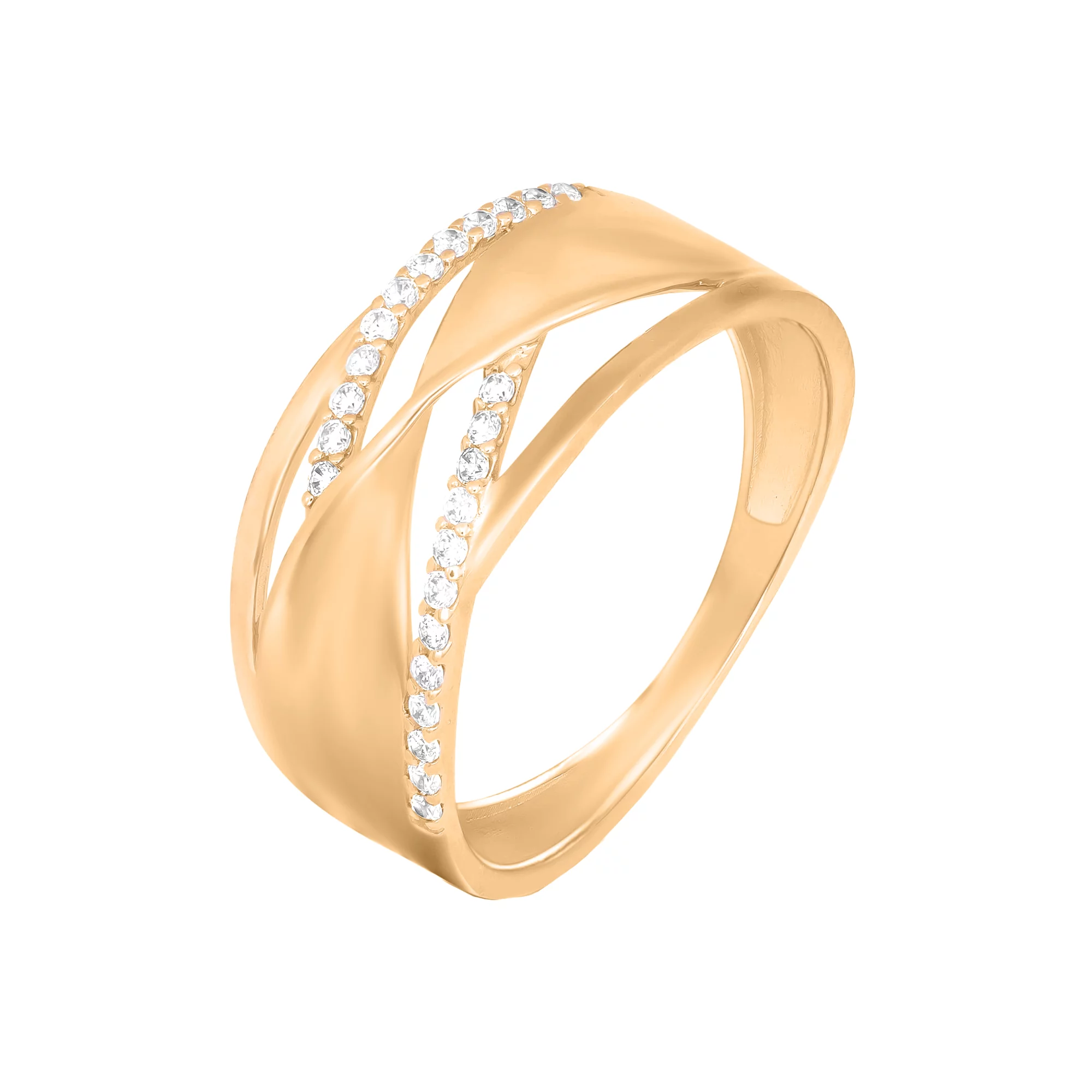 Золотое кольцо "Переплетение" с дорожкой фианитов - 1567654 – изображение 1