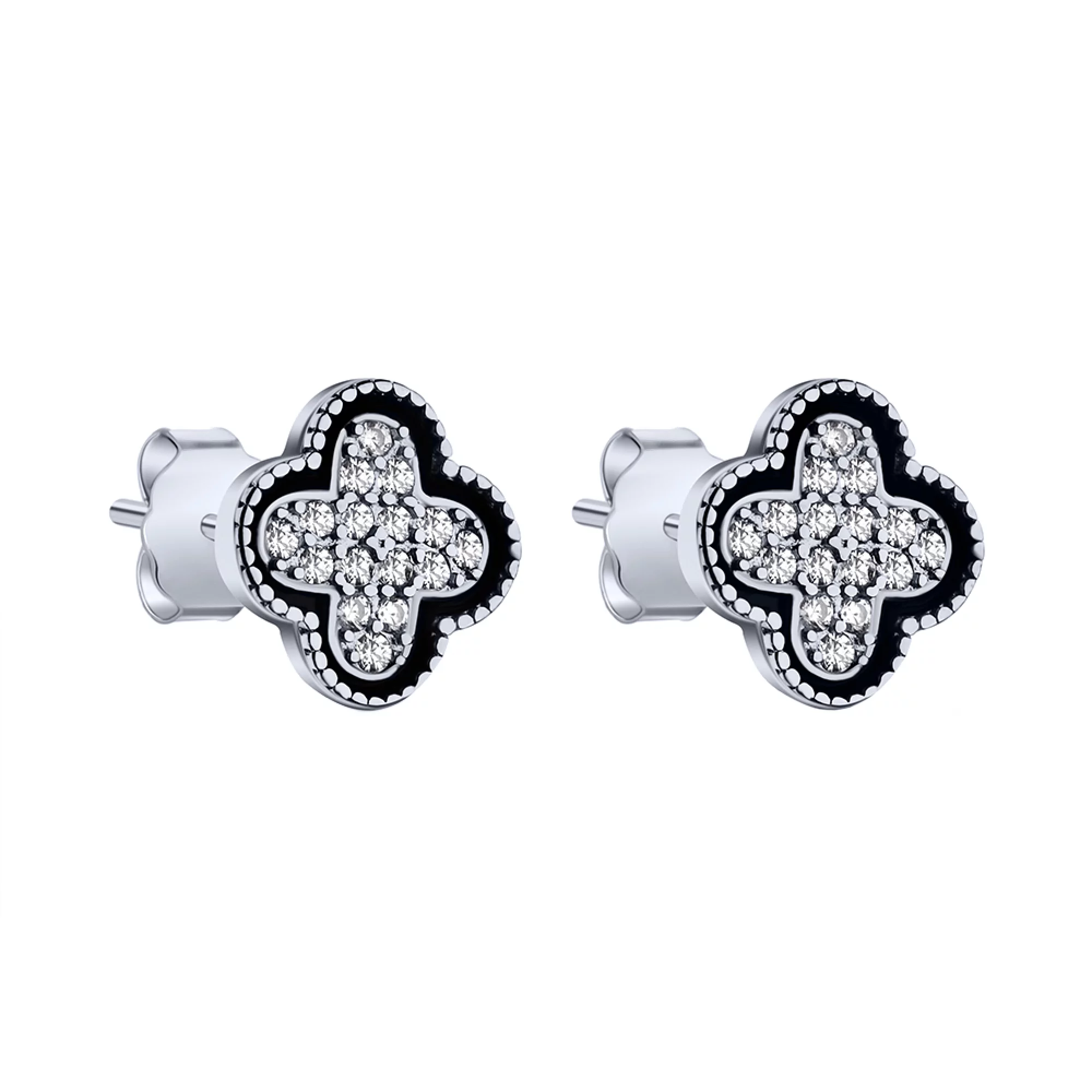 Серьги-гвоздики "Клевер" из серебра с фианитами и эмалью - 1786782 – изображение 1