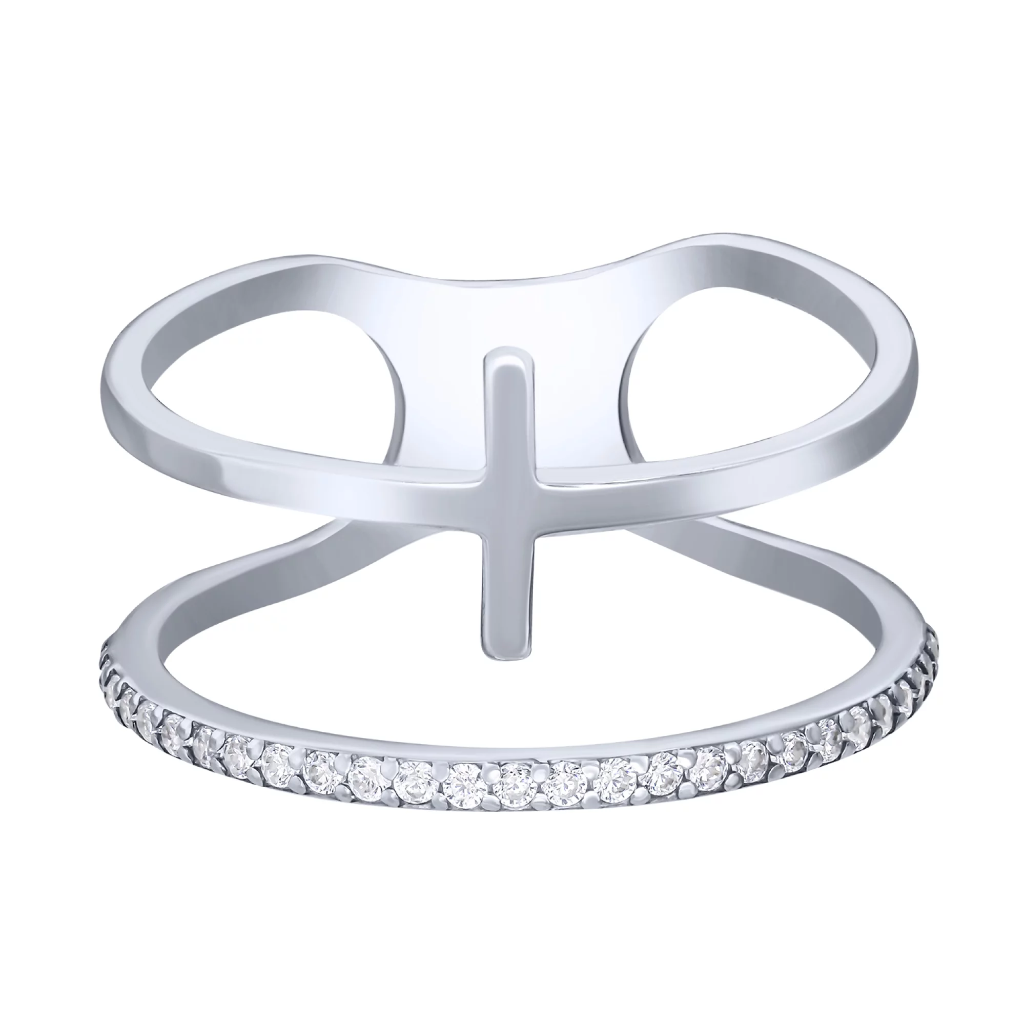 Двойное серебряное кольцо с дорожкой фианитов - 1679371 – изображение 2