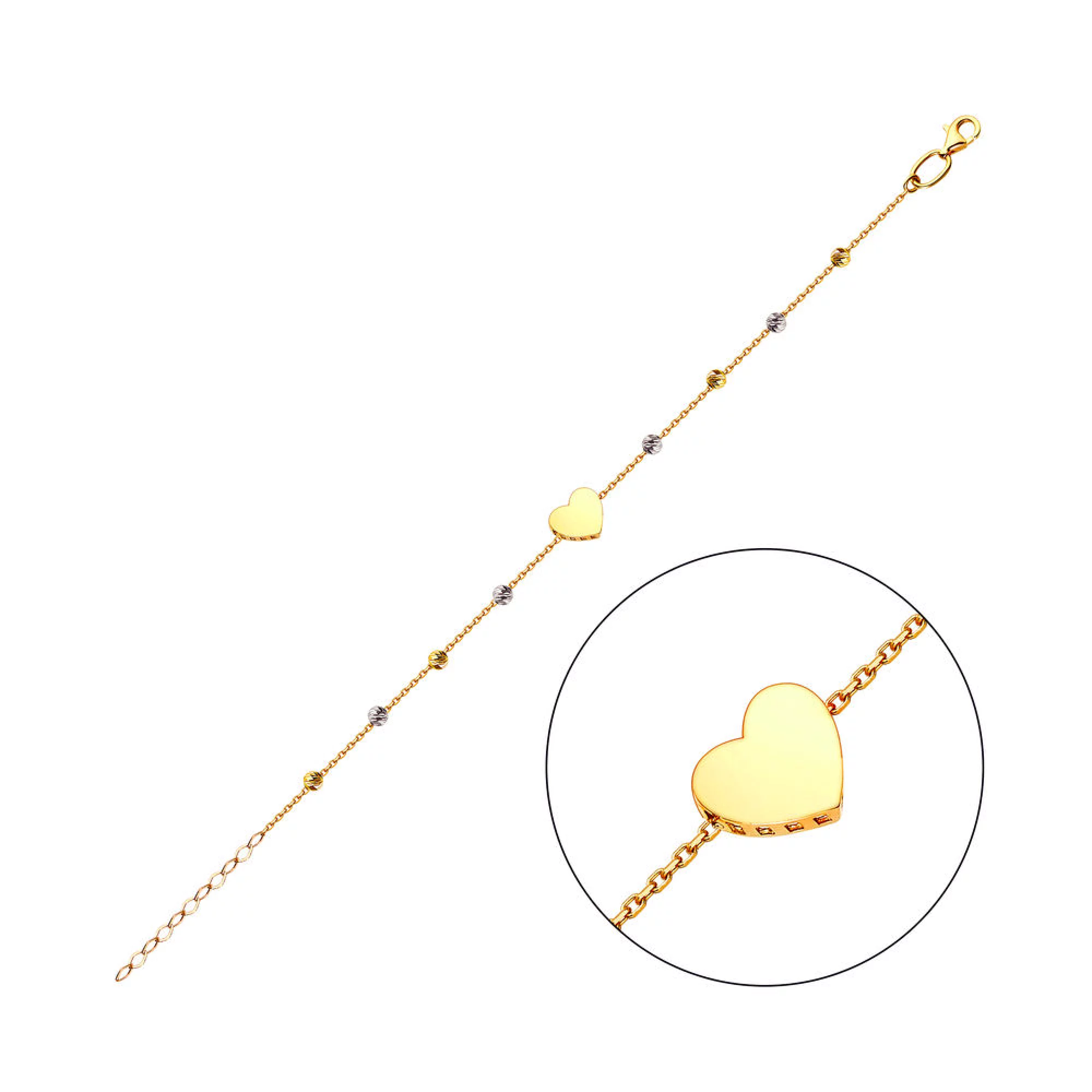 Браслет з лимонного золота "Сердечко" і кульки плетіння якір - 1260263 – зображення 2