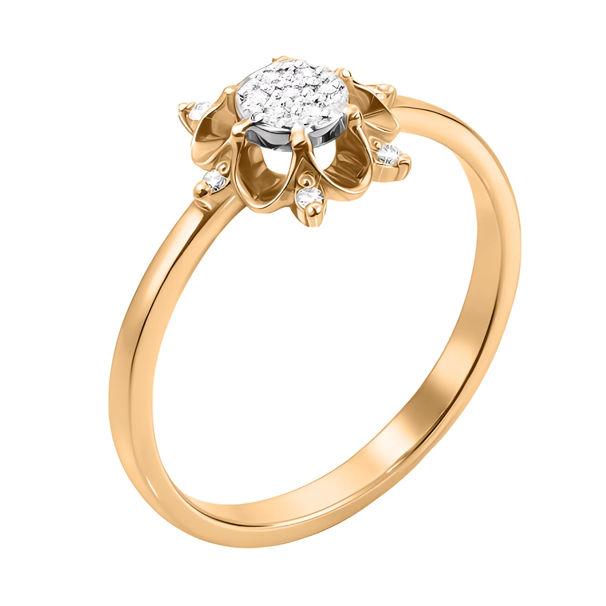 Золота каблучка "Квітка" з розсипом діамантів - 1553099 – зображення 1