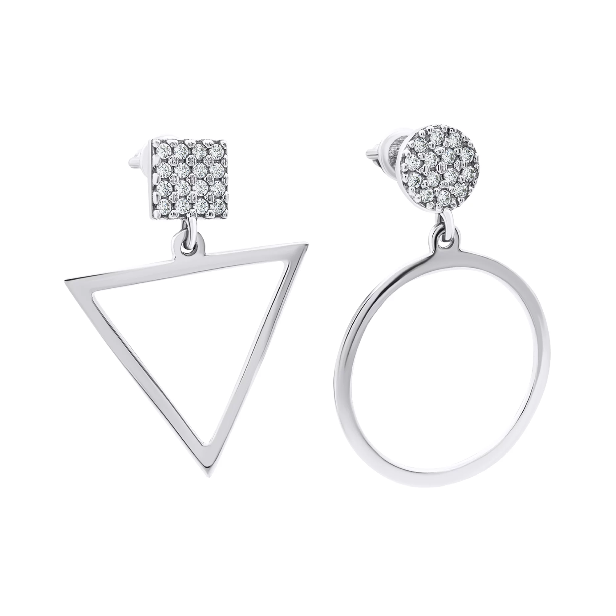 Сережки-гвоздики зі срібла з підвісками "Геометрія" та фіанітами  - 1548646 – зображення 1