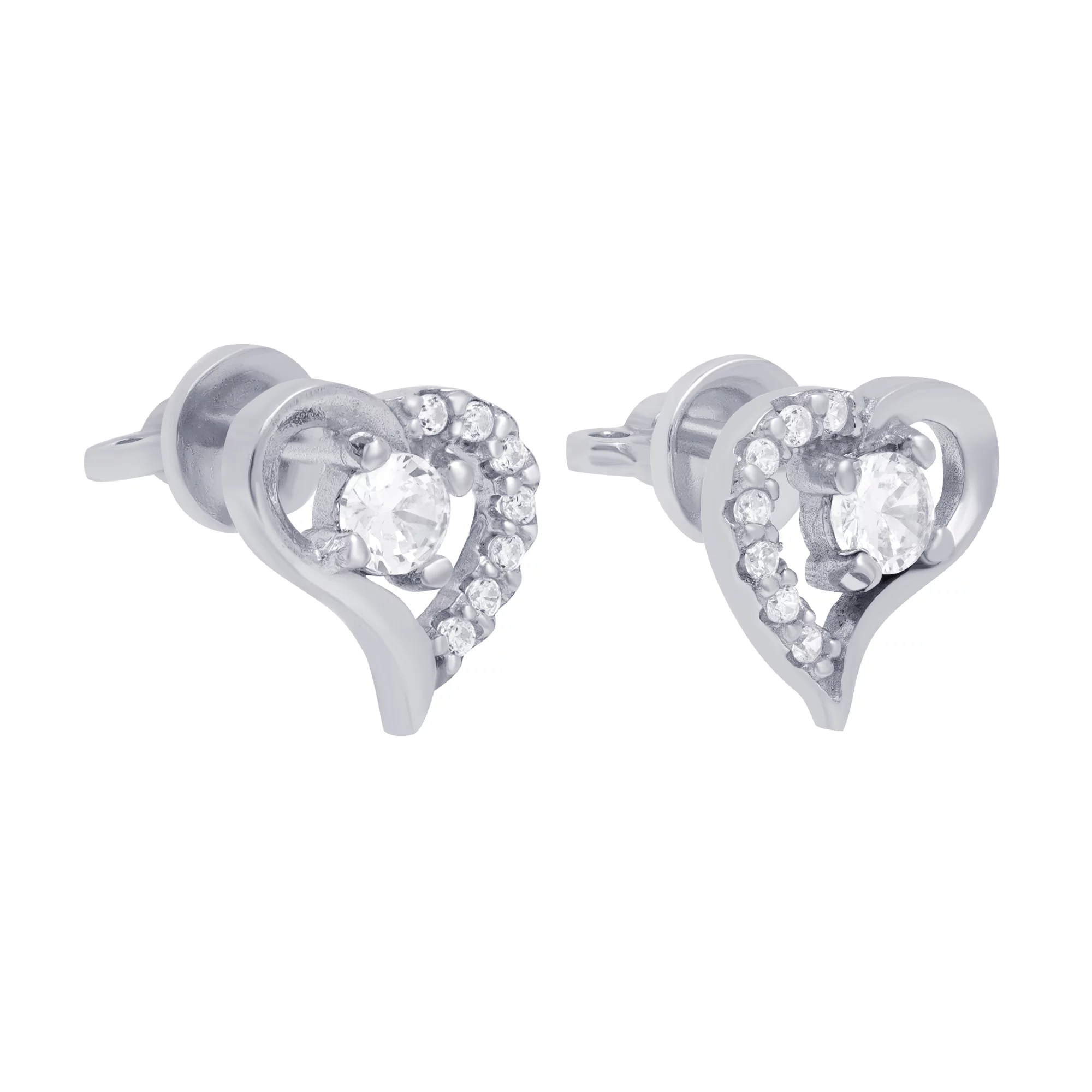 Срібні сережки-гвоздики "Сердечко" з фіанітами - 1663965 – зображення 1