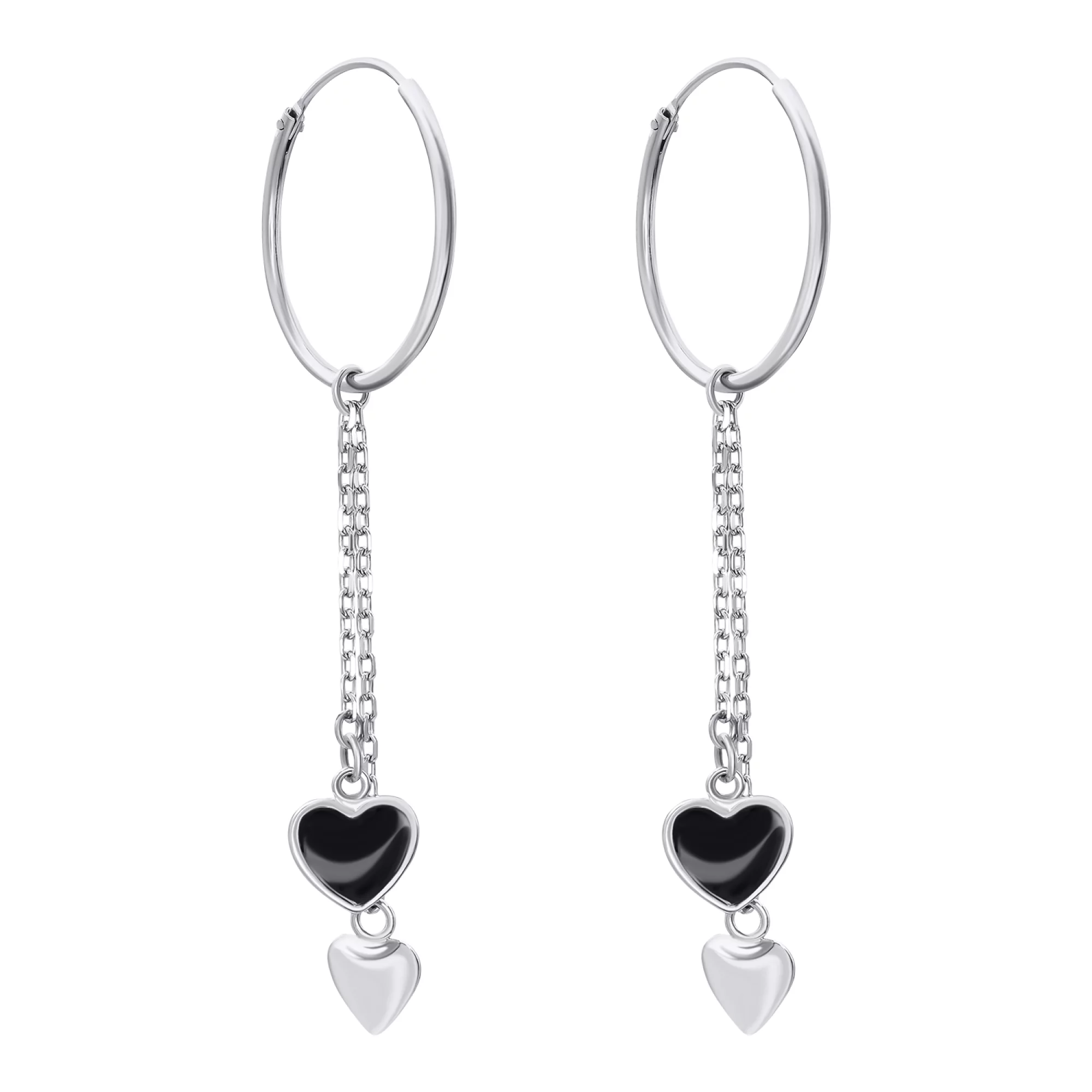 Сережки-кільця зі срібла з підвісками сердечка - 1506441 – зображення 1