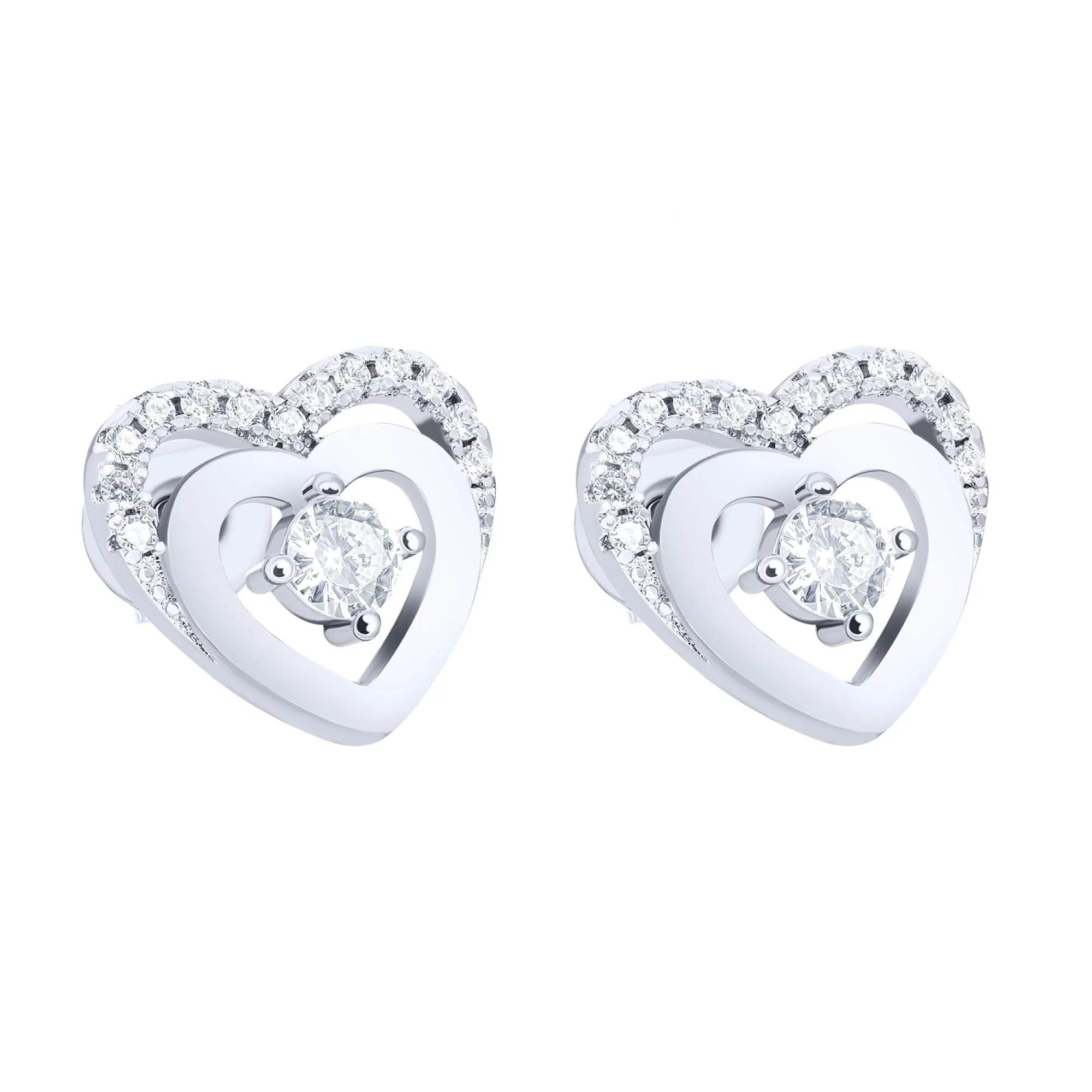 Сережки-гвоздики "Сердечка" срібні з фіанітами - 1626521 – зображення 1