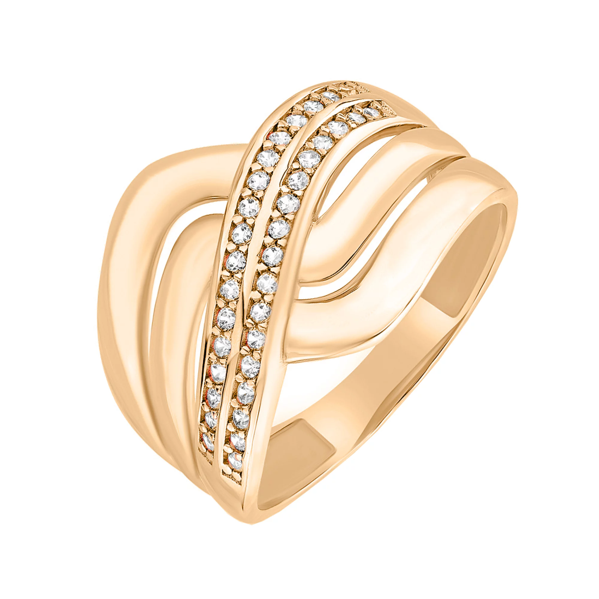 Золотое широкое кольцо с фианитами "Волны" - 1591789 – изображение 1