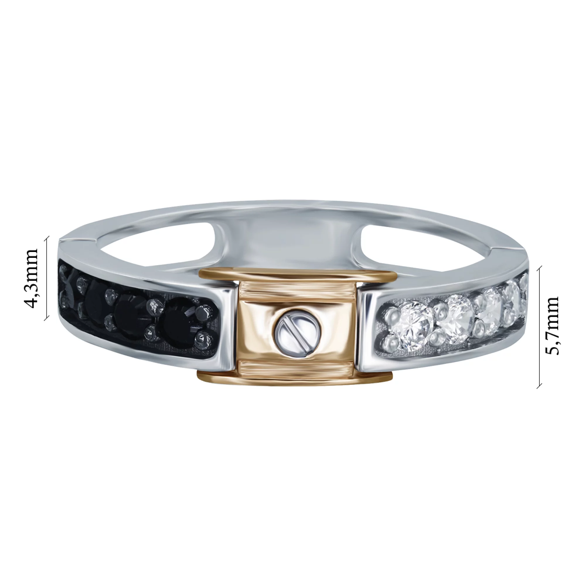Перстень з комбінованого золота з чорним та білим фіанітом - 907513 – зображення 2