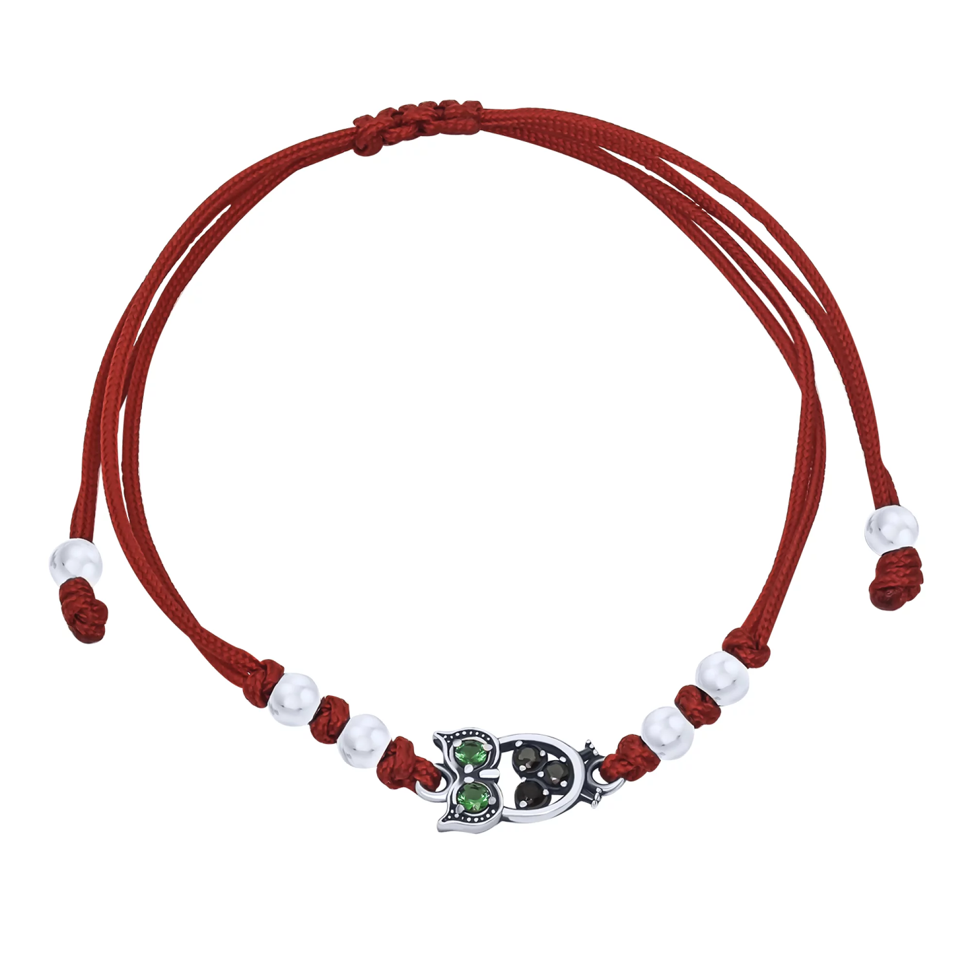 Браслет с красного шелка и серебра "Сова" - 1679365 – изображение 1