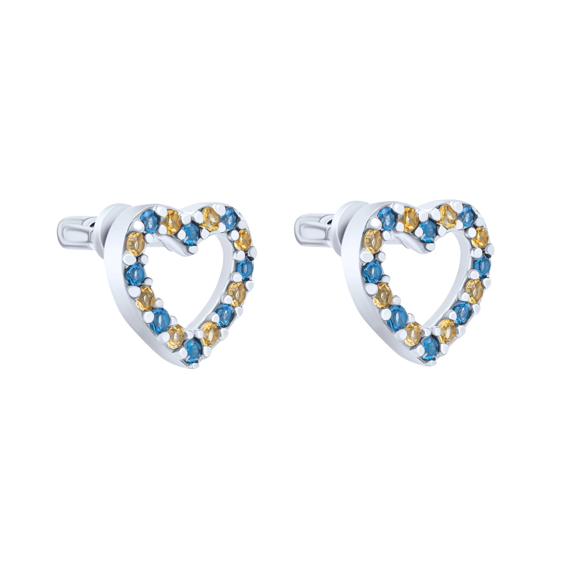 Срібні сережки-гвоздики "Серце" з фіанітами - 1759456 – зображення 1