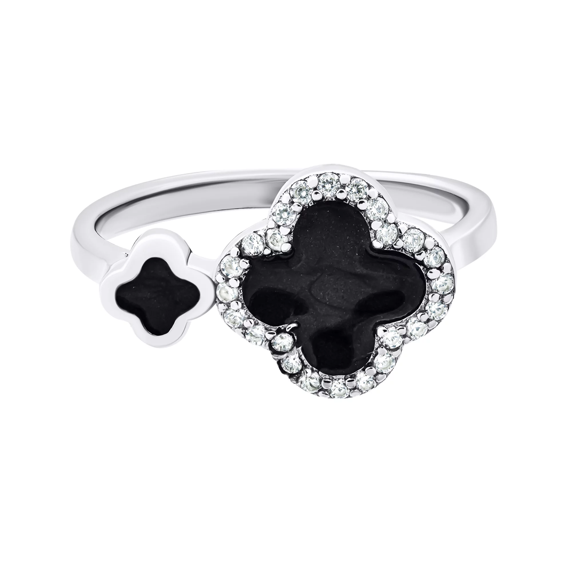 Серебряное кольцо "Клевер" с фианитами и эмалью - 1520496 – изображение 2