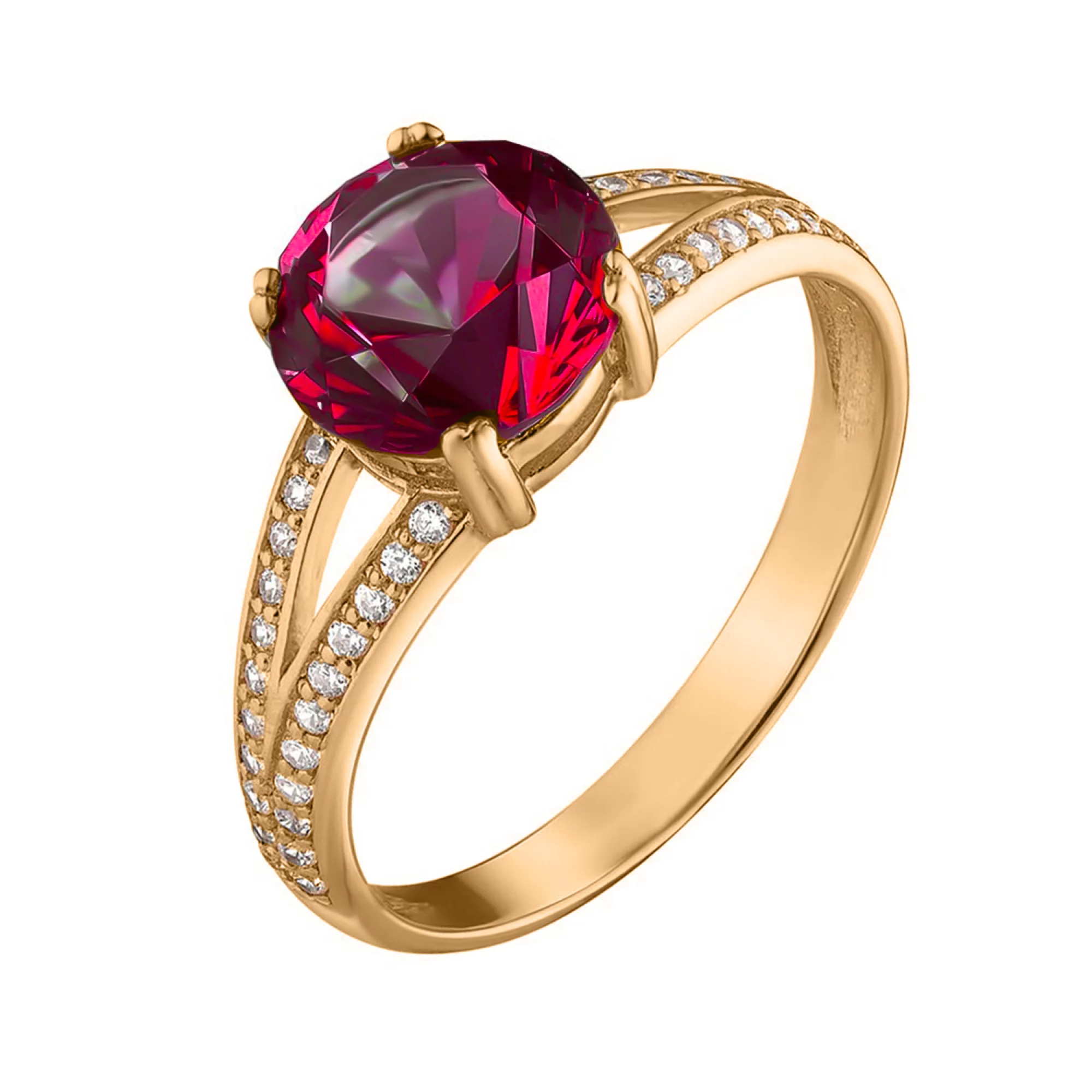 Золотое кольцо с рубином и фианитами - 1574068 – изображение 1