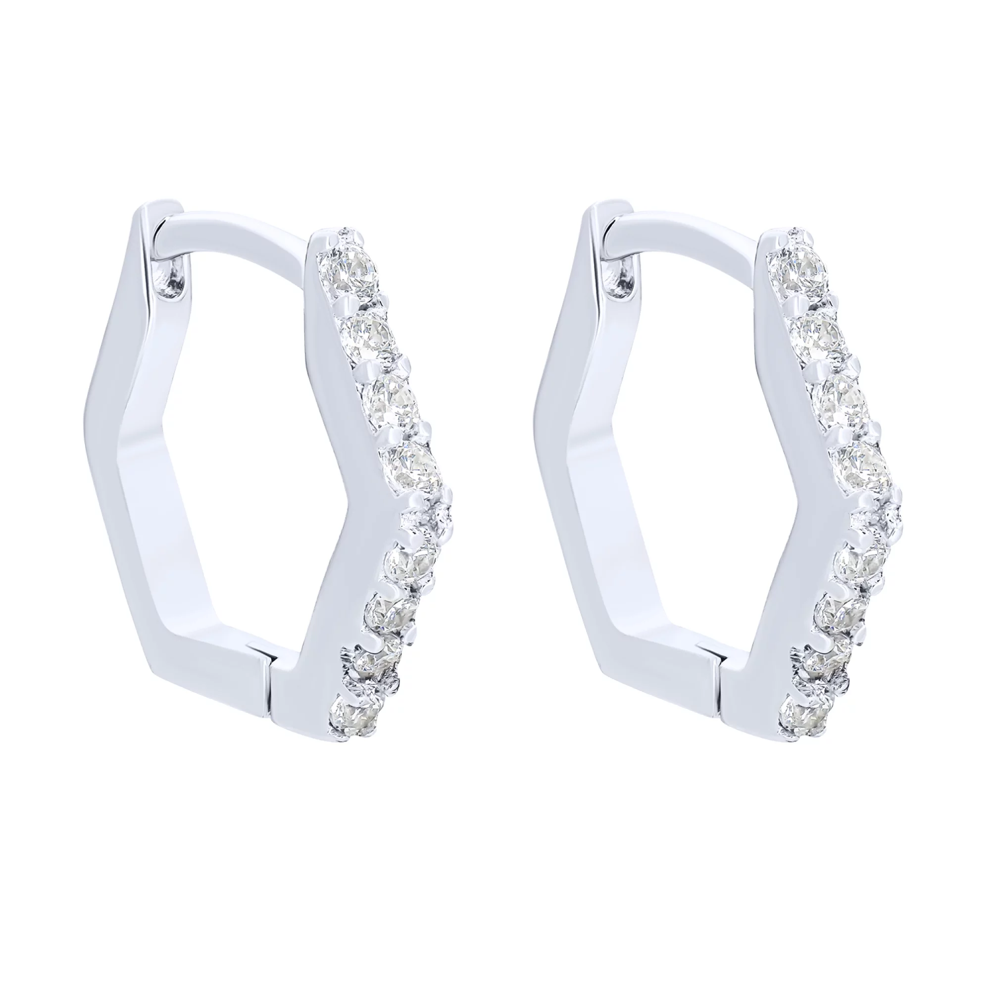 Сережки-кільця срібні геометричної форми з фіанітами - 1572389 – зображення 1
