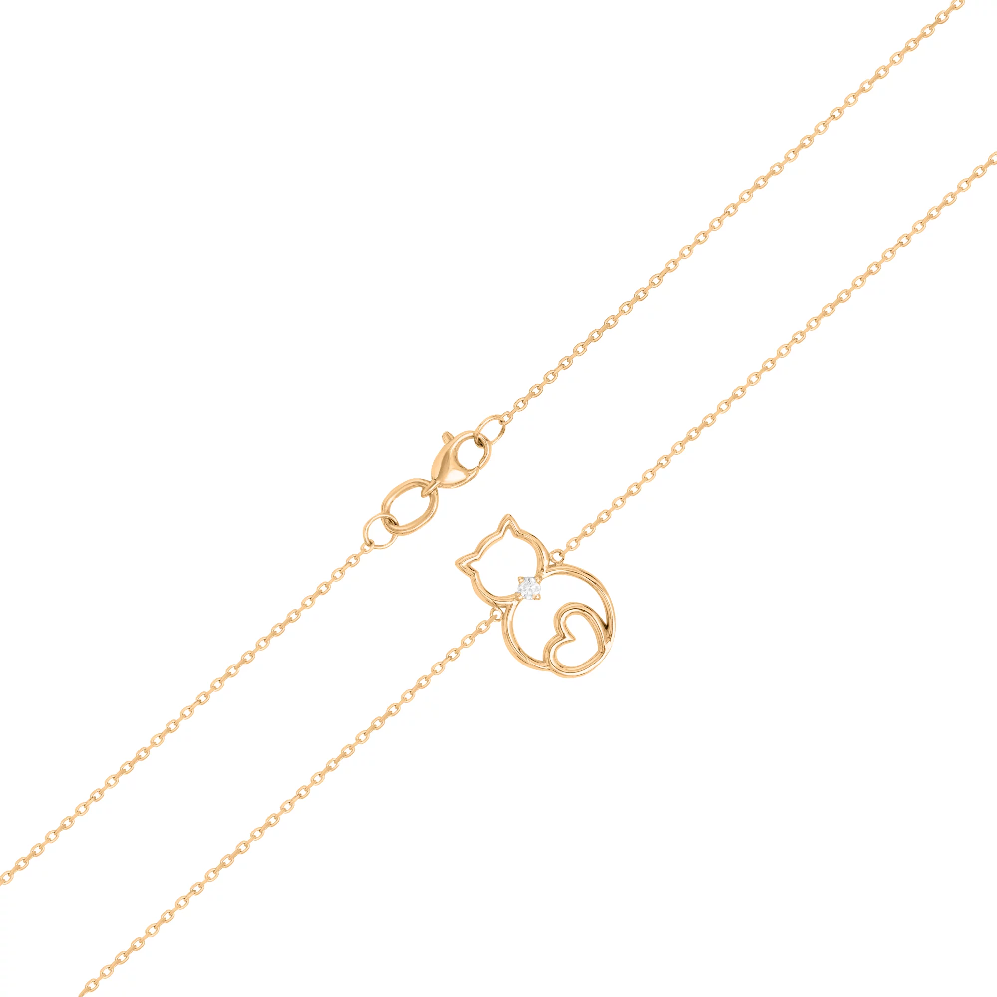 Золотое колье "Кошечка" с фианитом плетение якорь - 1636351 – изображение 2