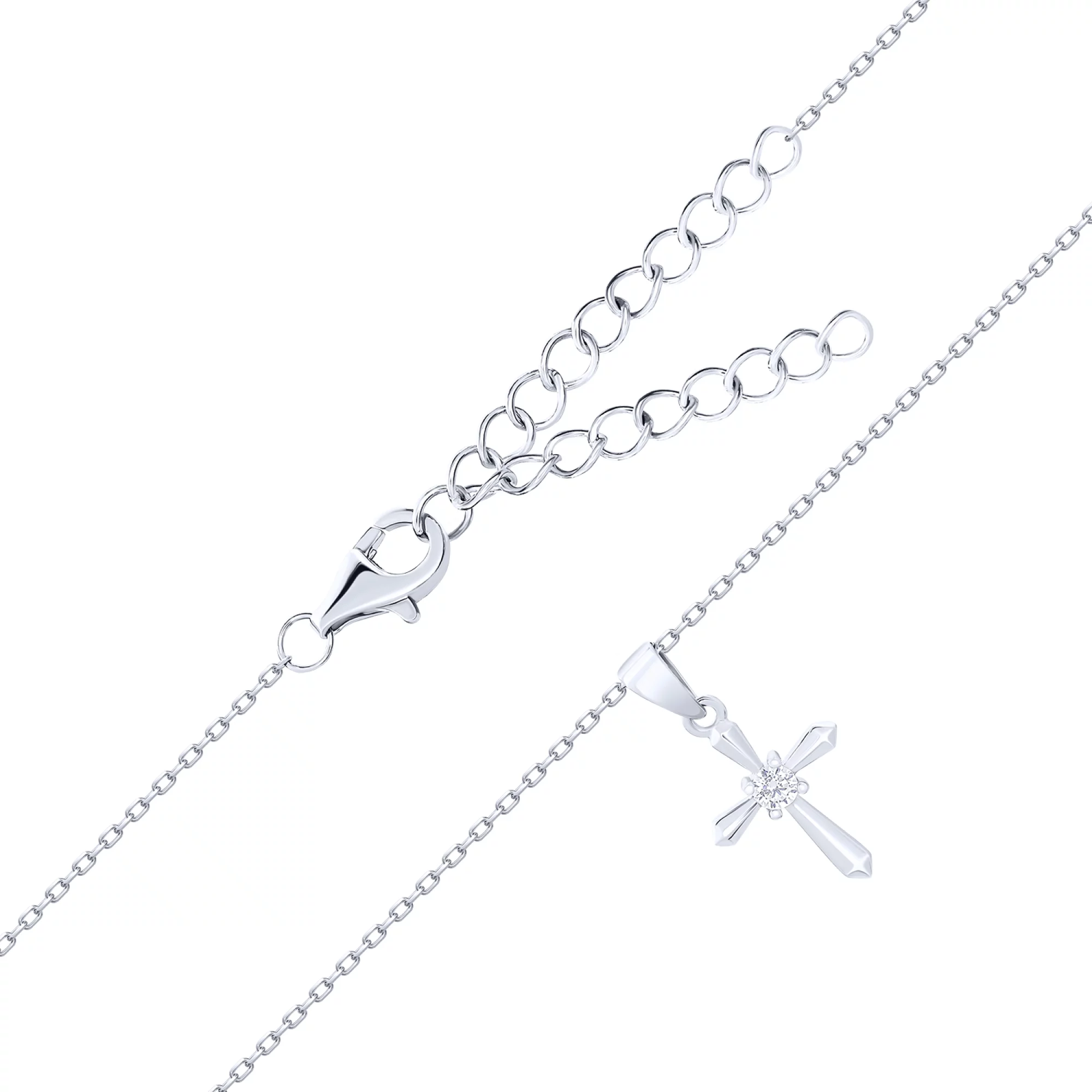 Ланцюжок з підвісним хрестиком срібний з фіанітом плетіння якір - 1592007 – зображення 2