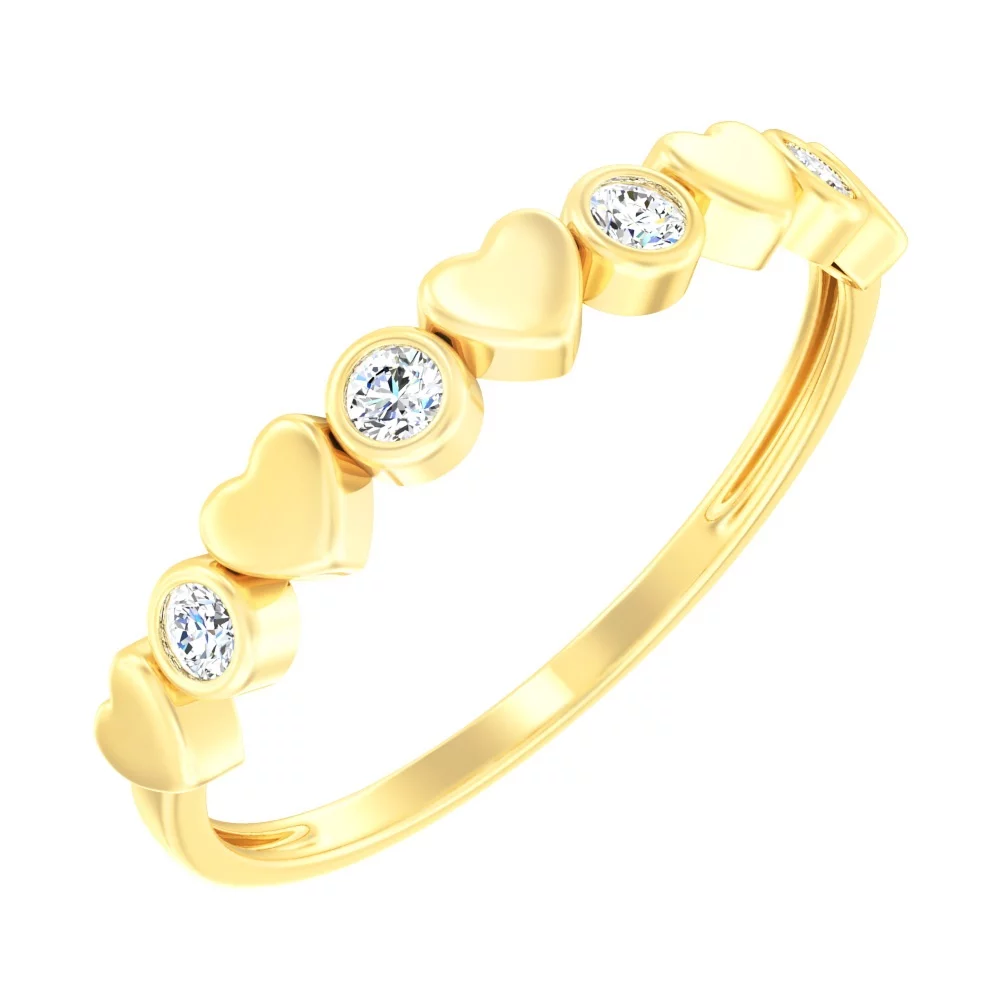Кольцо из лимонного золота с фианитом Сердечки. Артикул 140786ж: цена, отзывы, фото – купить в интернет-магазине AURUM