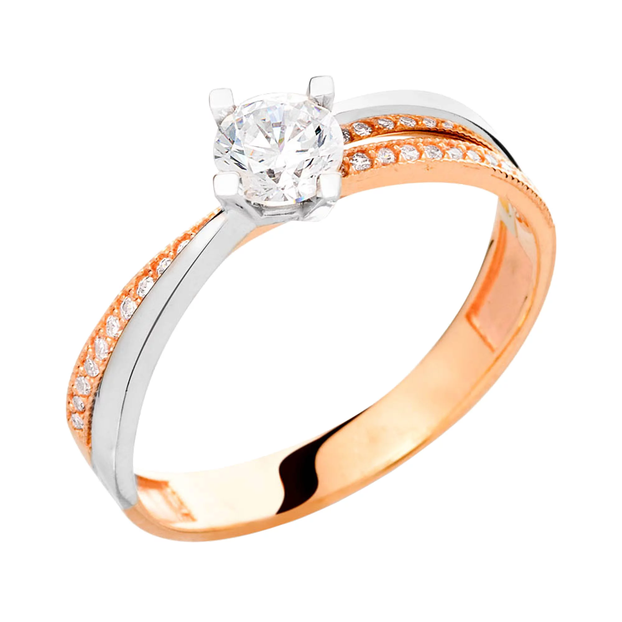 Золотое кольцо комбинированое с фианитом - 585326 – изображение 1
