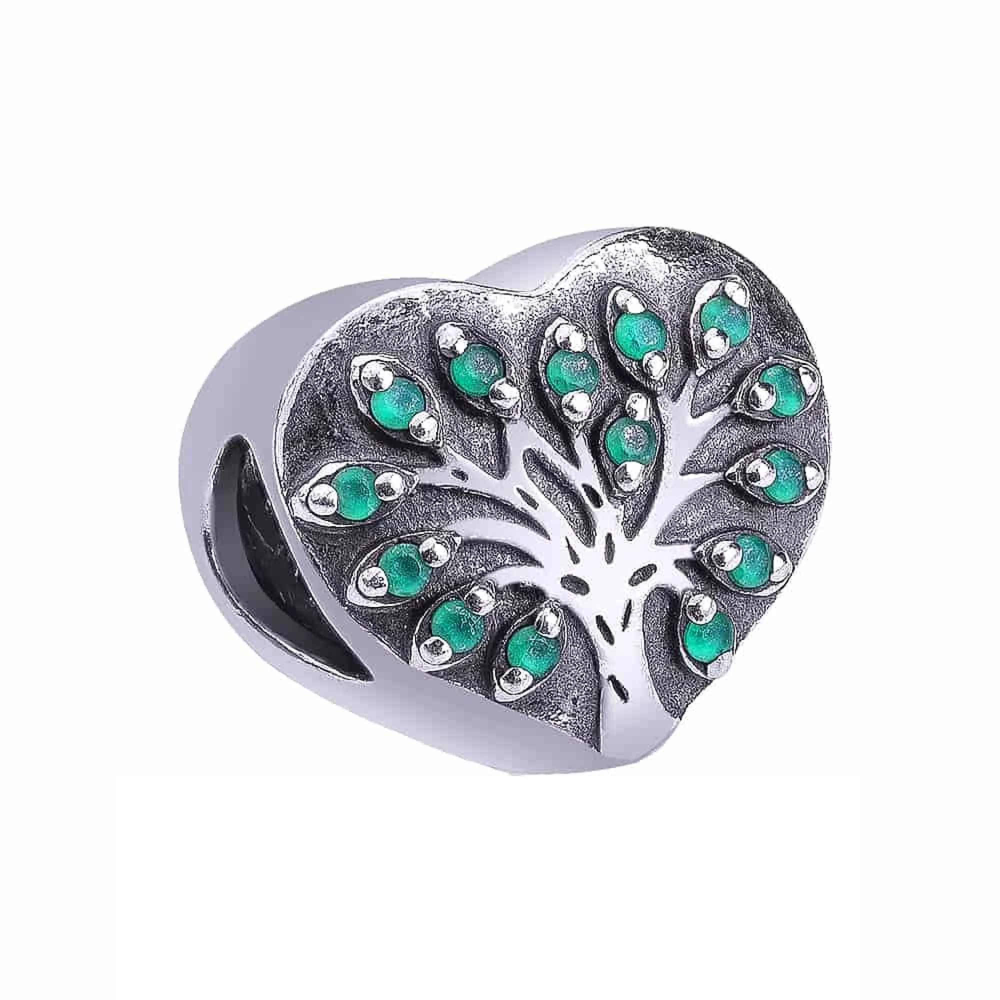 Серебряный шарм "Сердце с деревом" с зеленым цирконием - 458285 – изображение 1