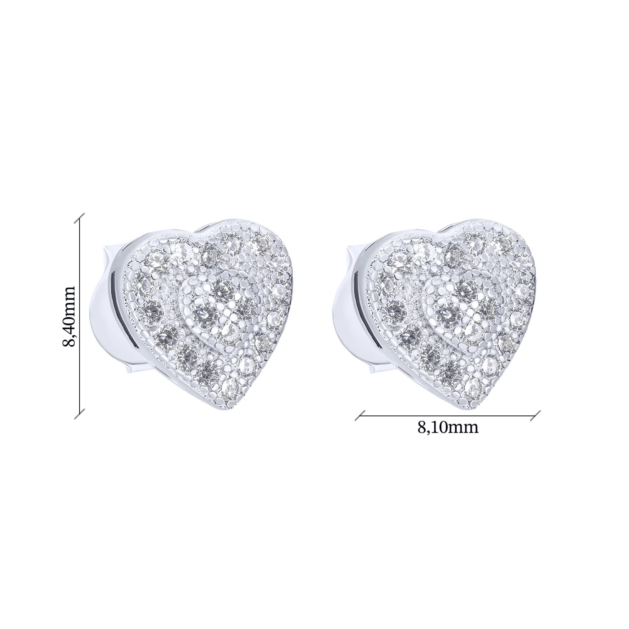 Серебряные серьги-гвоздики "Сердце" с россыпью фианитов - 1627117 – изображение 3