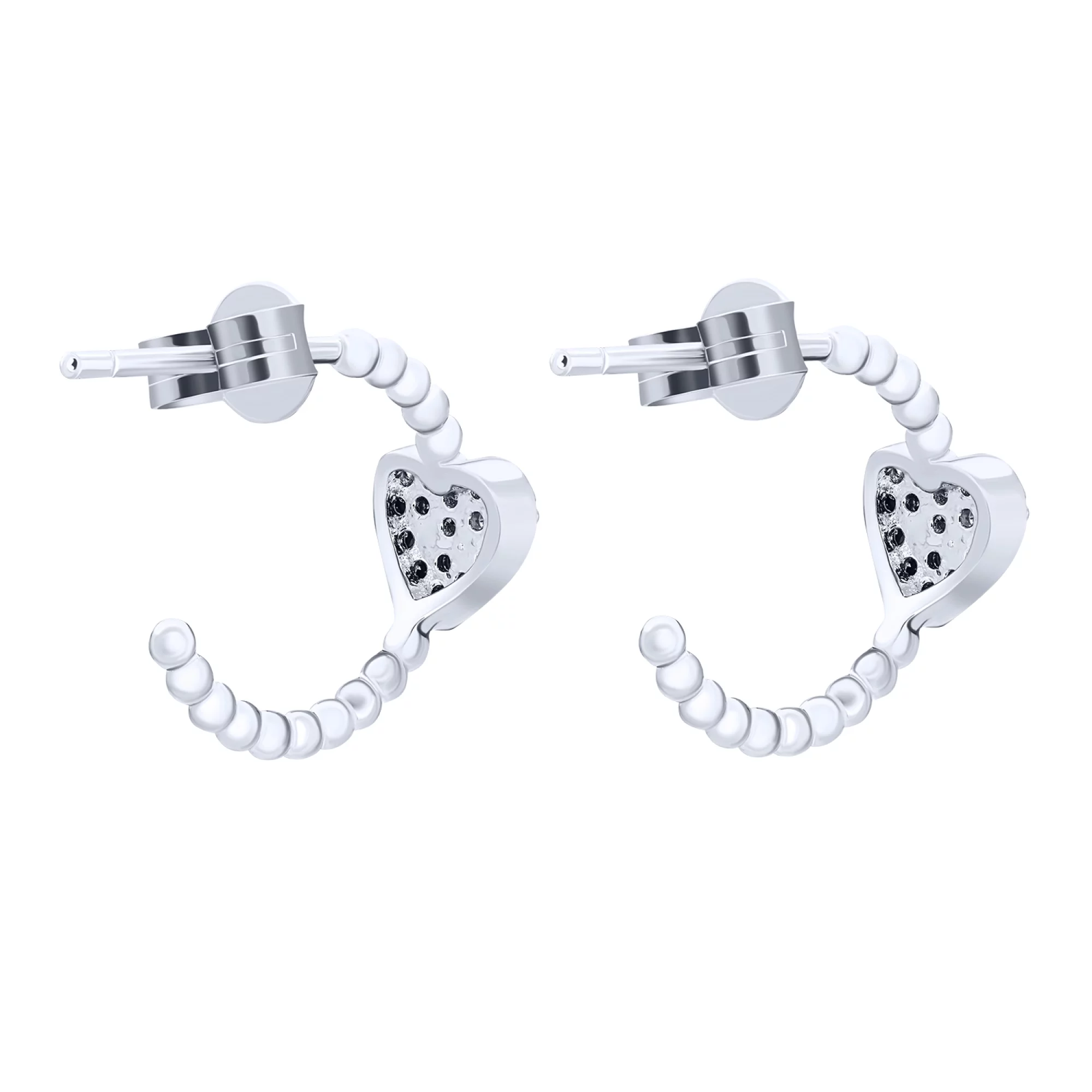 Срібні сережки-гвоздики "Серце" з фіанітами - 1572603 – зображення 2
