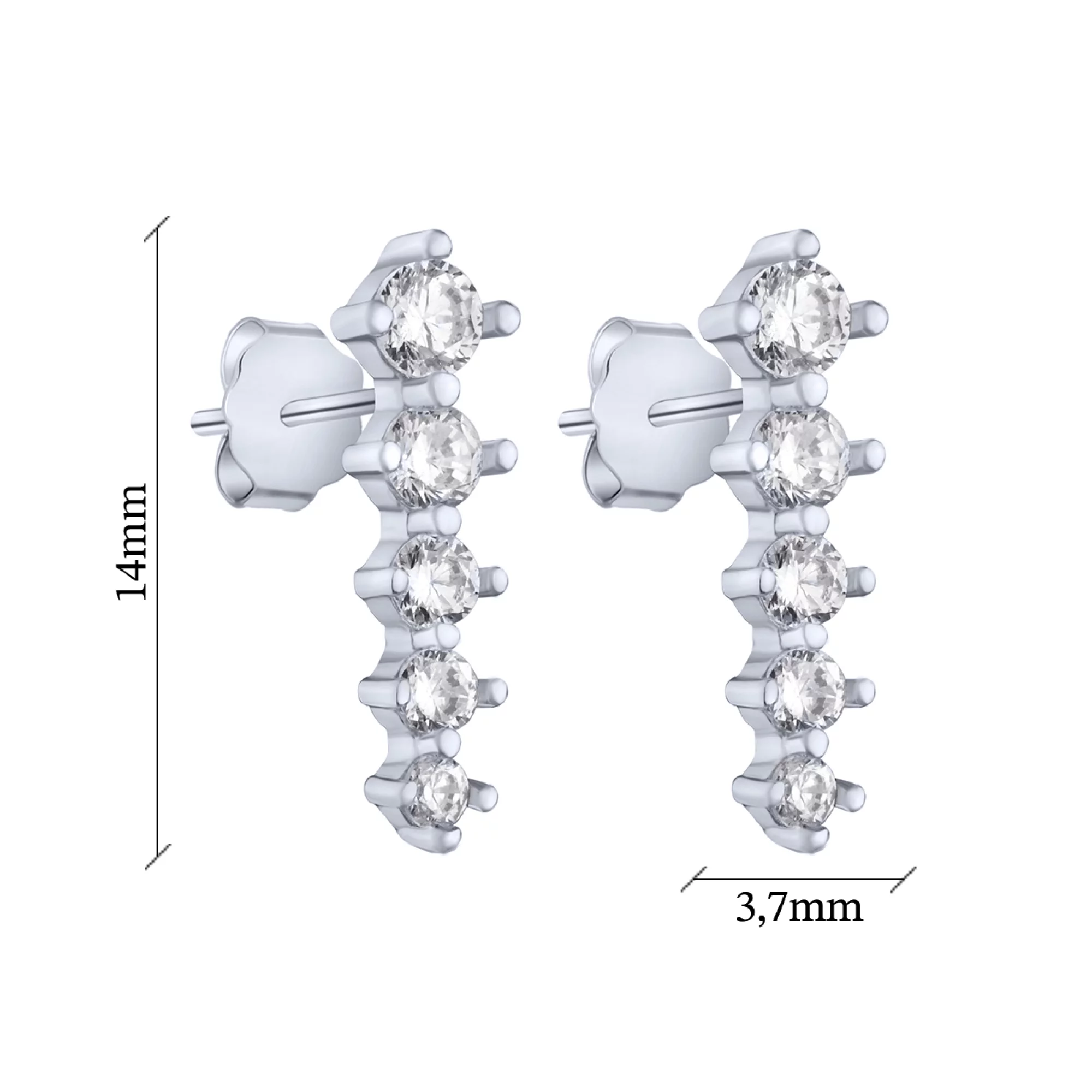 Срібні сережки-гвоздики з доріжкою фіанітів - 1625229 – зображення 2