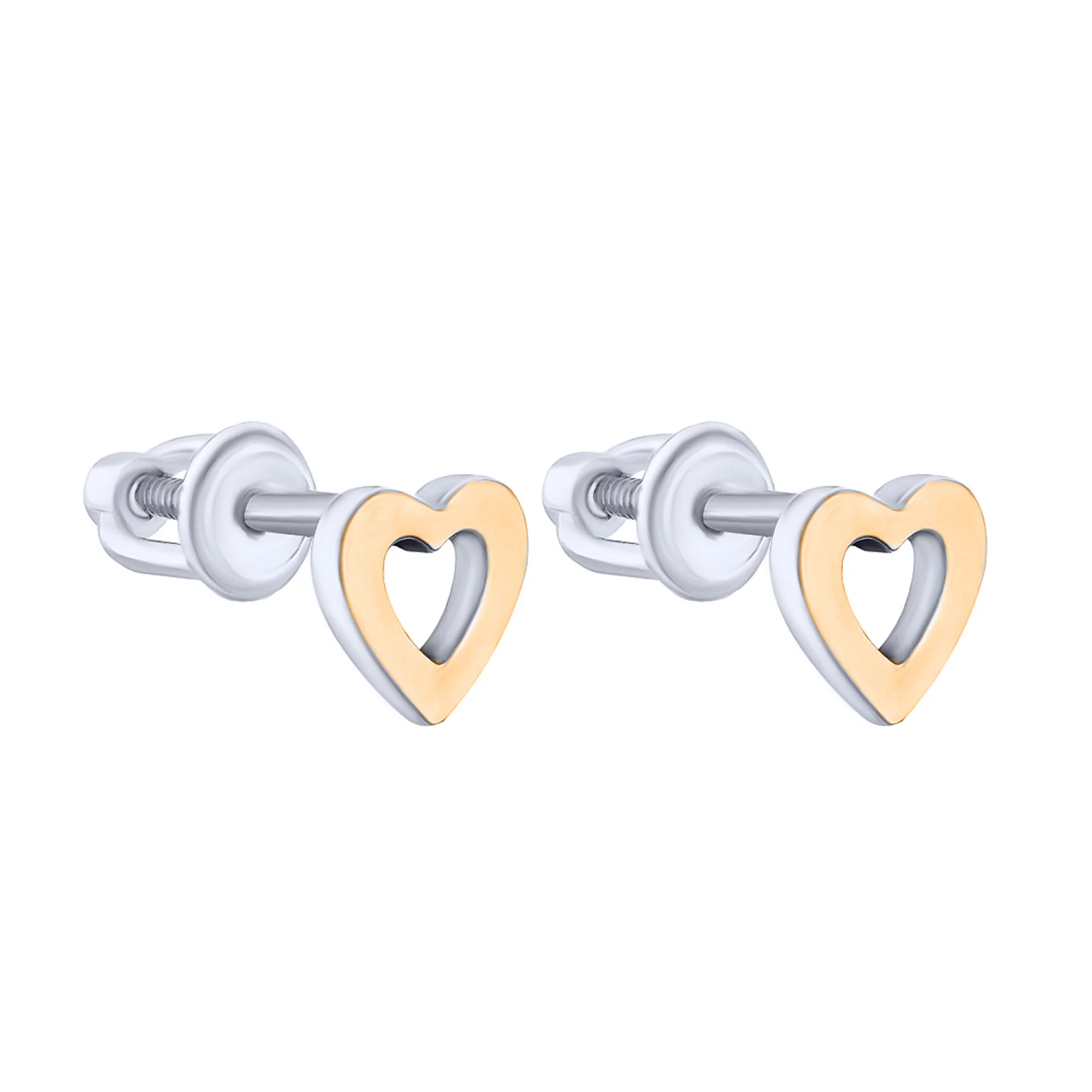 Срібні сережки-гвоздики "Сердечко" з позолотою - 1606339 – зображення 1