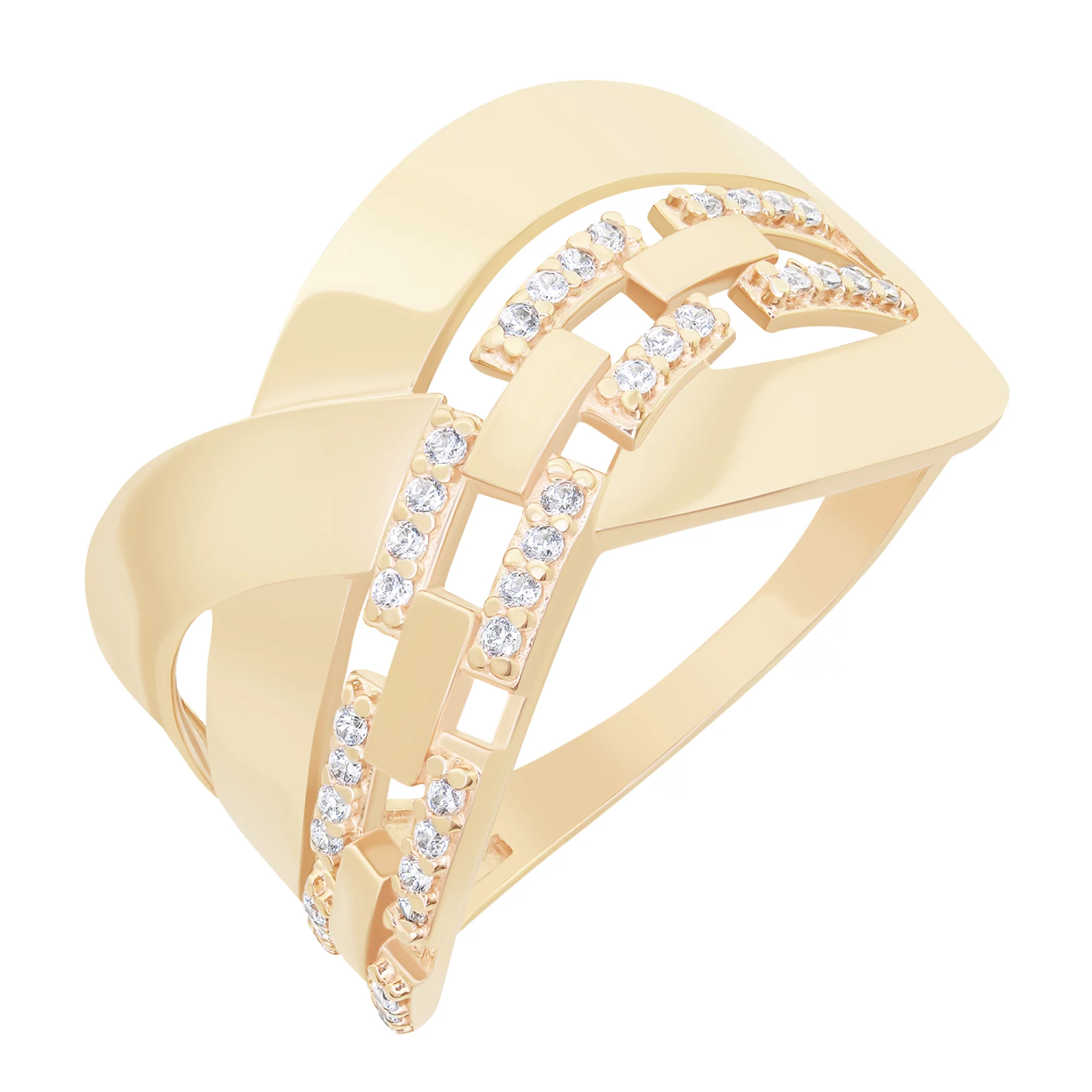 Широкое золотое кольцо с фианитами и формой цепочки - 1627717 – изображение 1