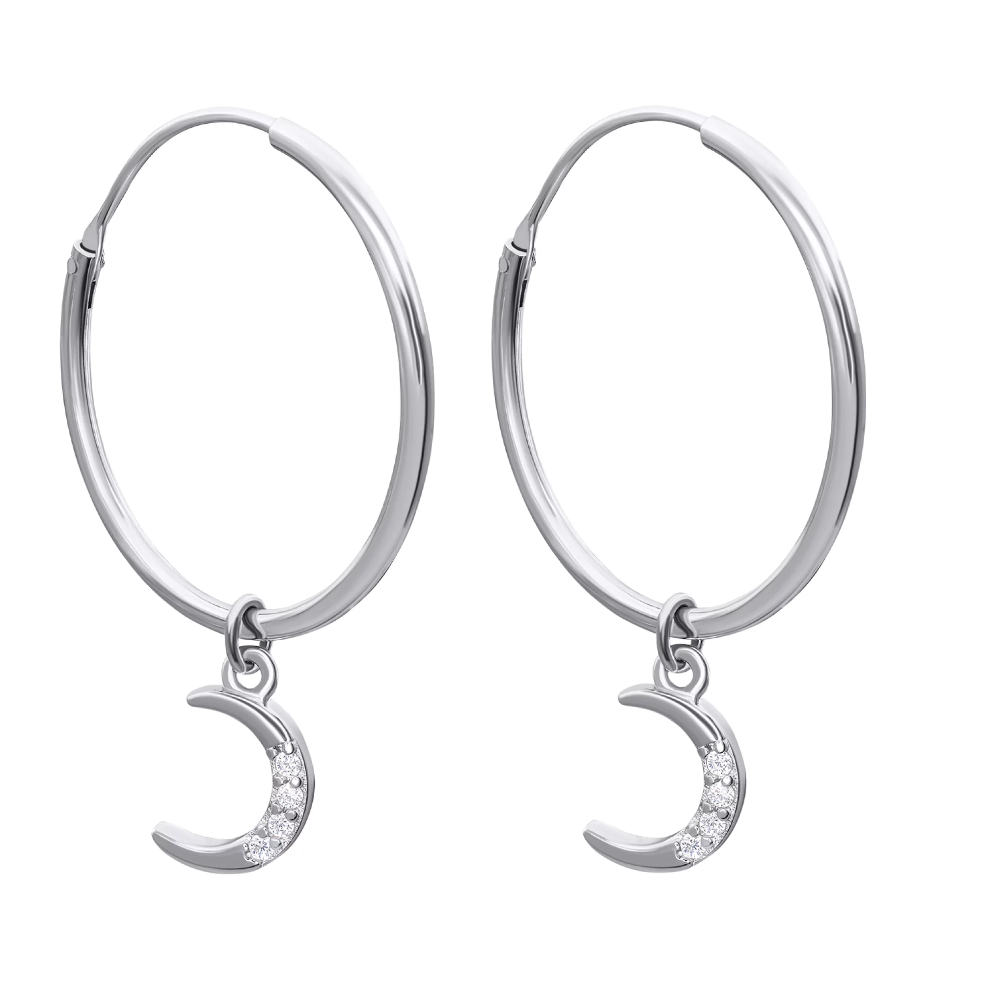 Сережки-кольца серебряные с подвесками с фианитами Звезда и Месяц - 1483507 – изображение 1