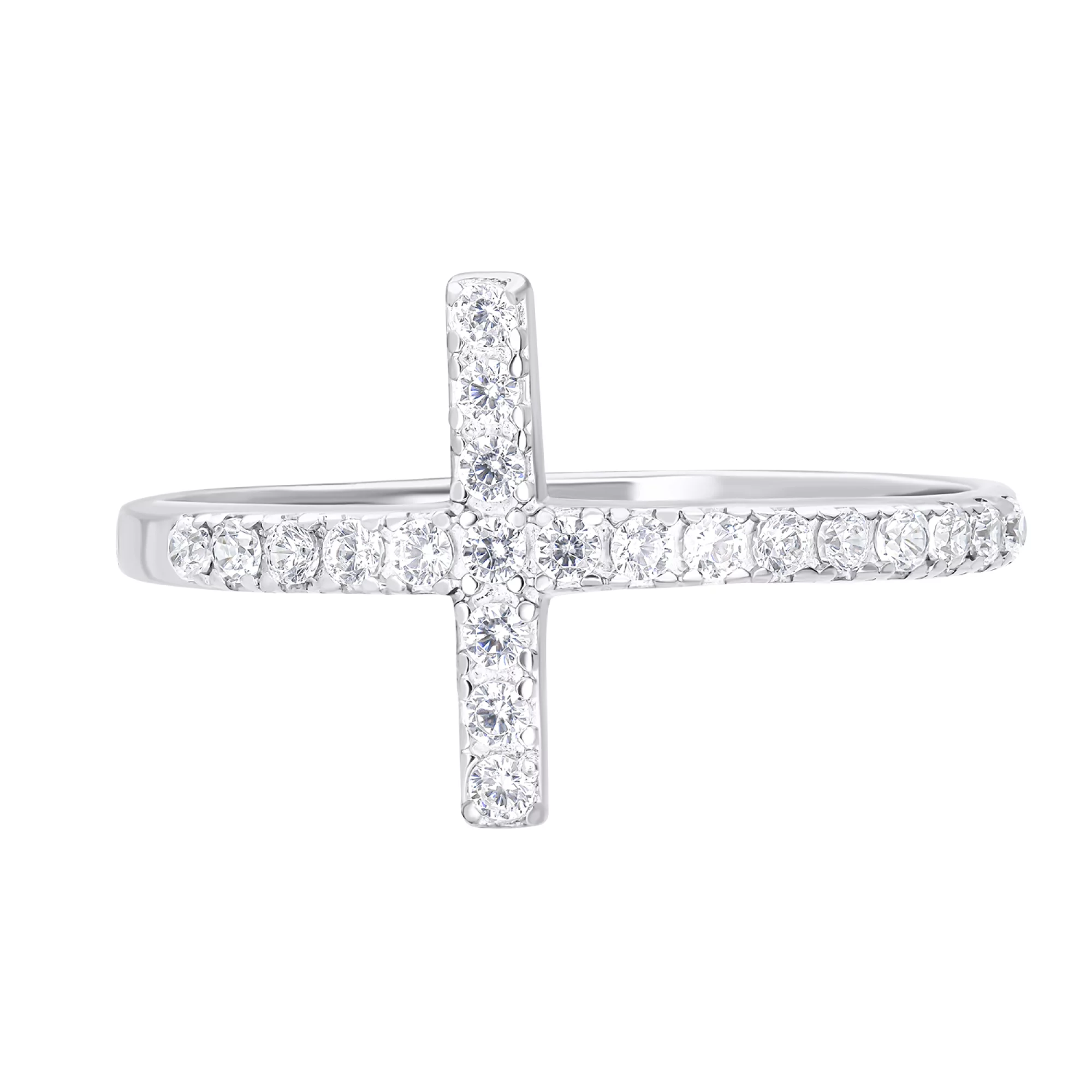 Срібна каблучка у формі хрестика з доріжкою фіанітів  - 1549832 – зображення 2