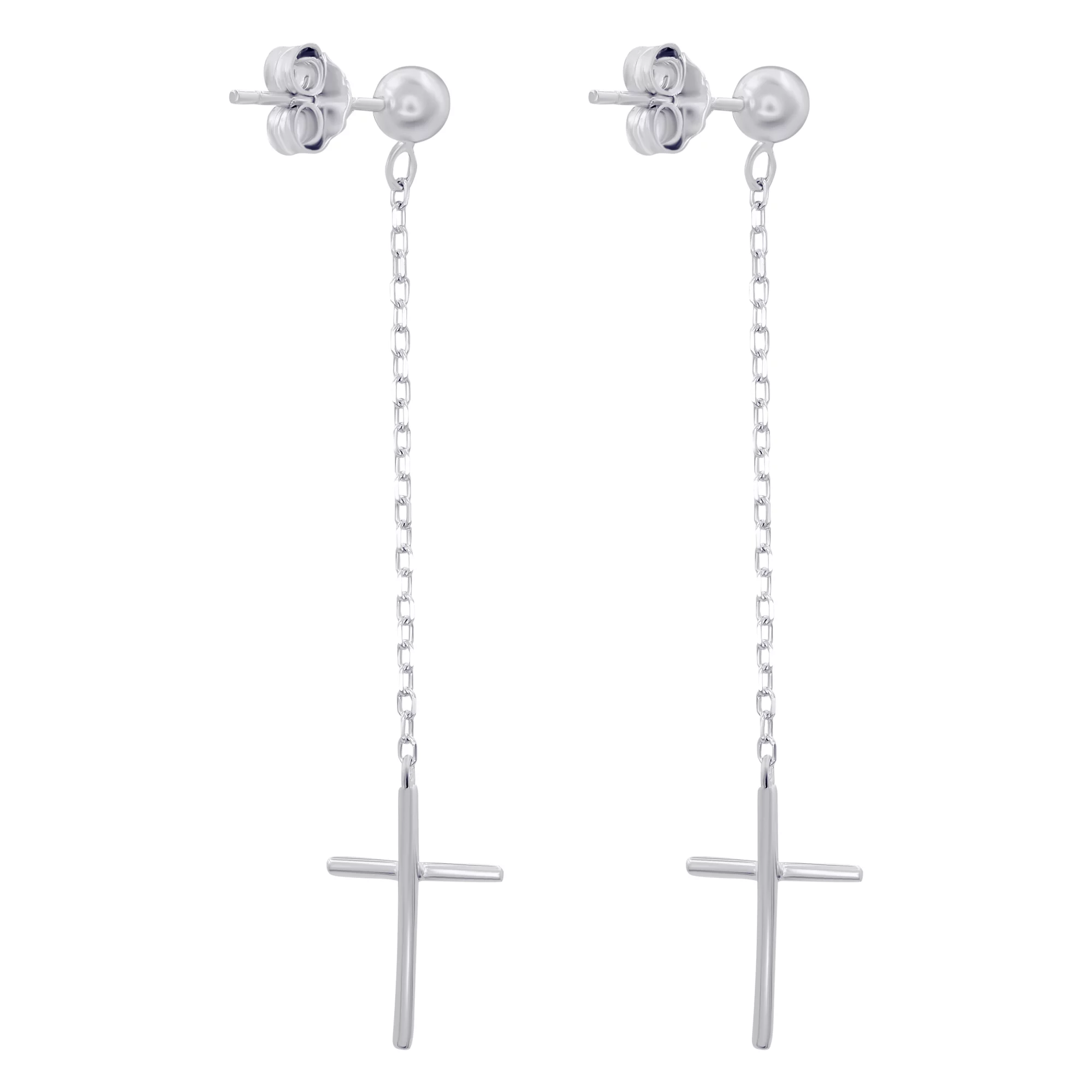 Сережки-гвоздики серебряные с подвесными крестиками - 896385 – изображение 2