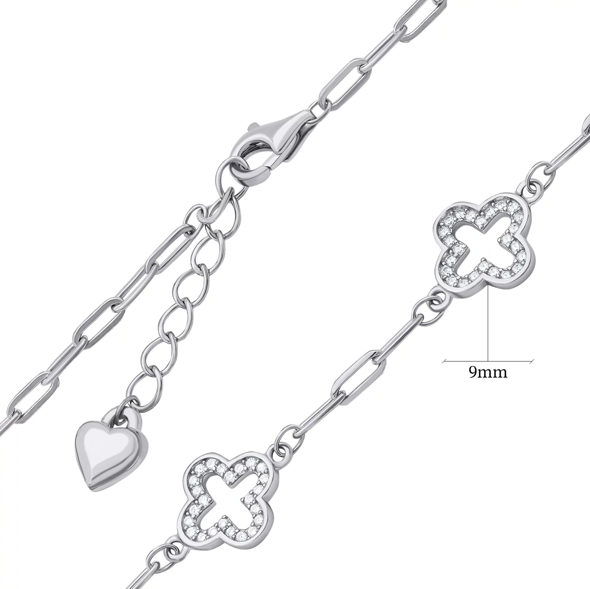 Срібний браслет "Конюшина" з фіанітами плетіння Якірне - 1521379 – зображення 3