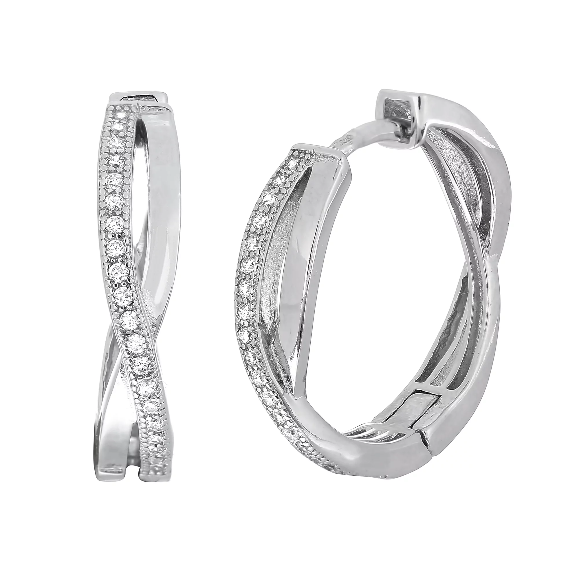 Сережки-кольца серебряные с фианитами - 379815 – изображение 1