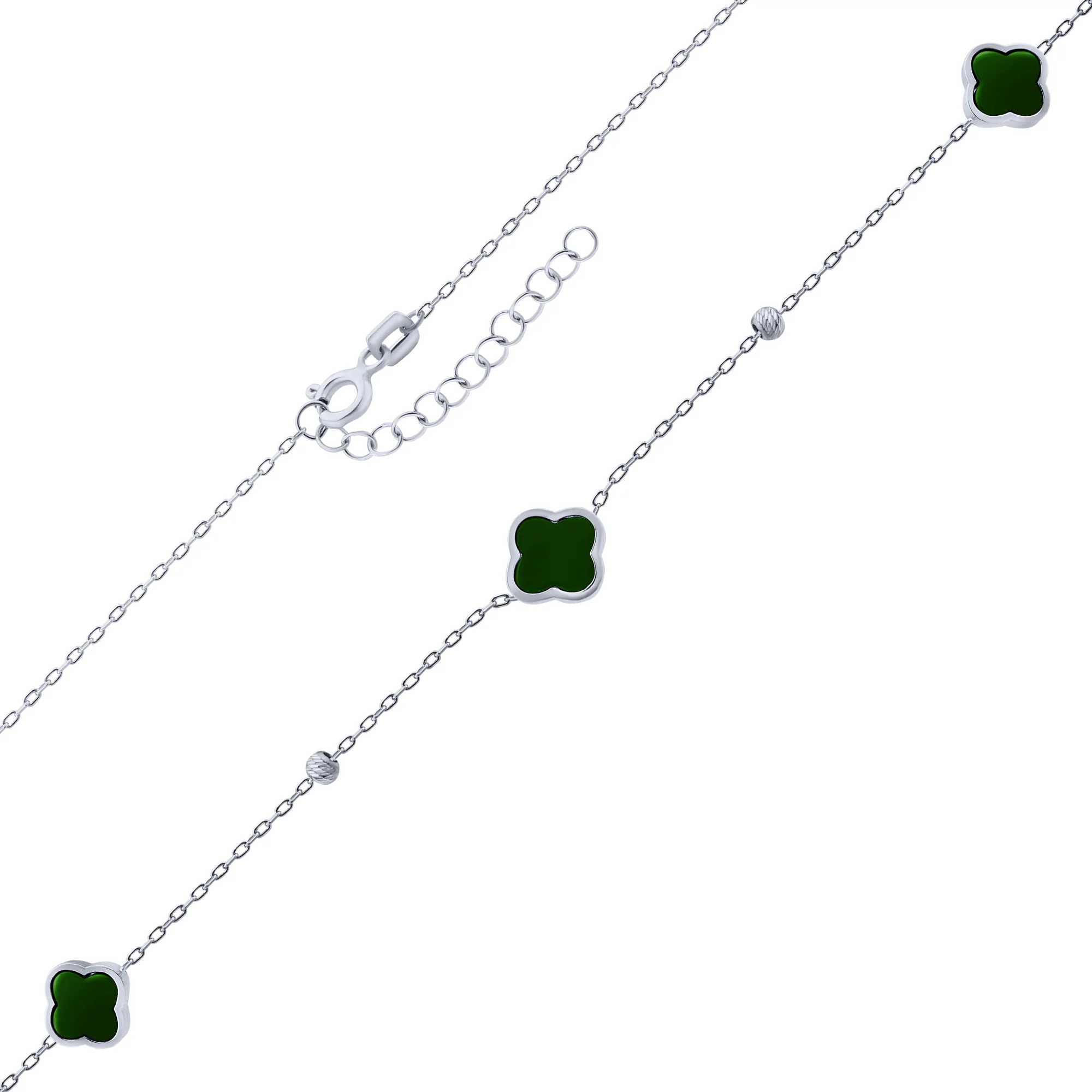 Серебряное колье с подвесами "Клевер" из оникса в якорном плетении - 2085049 - 1
