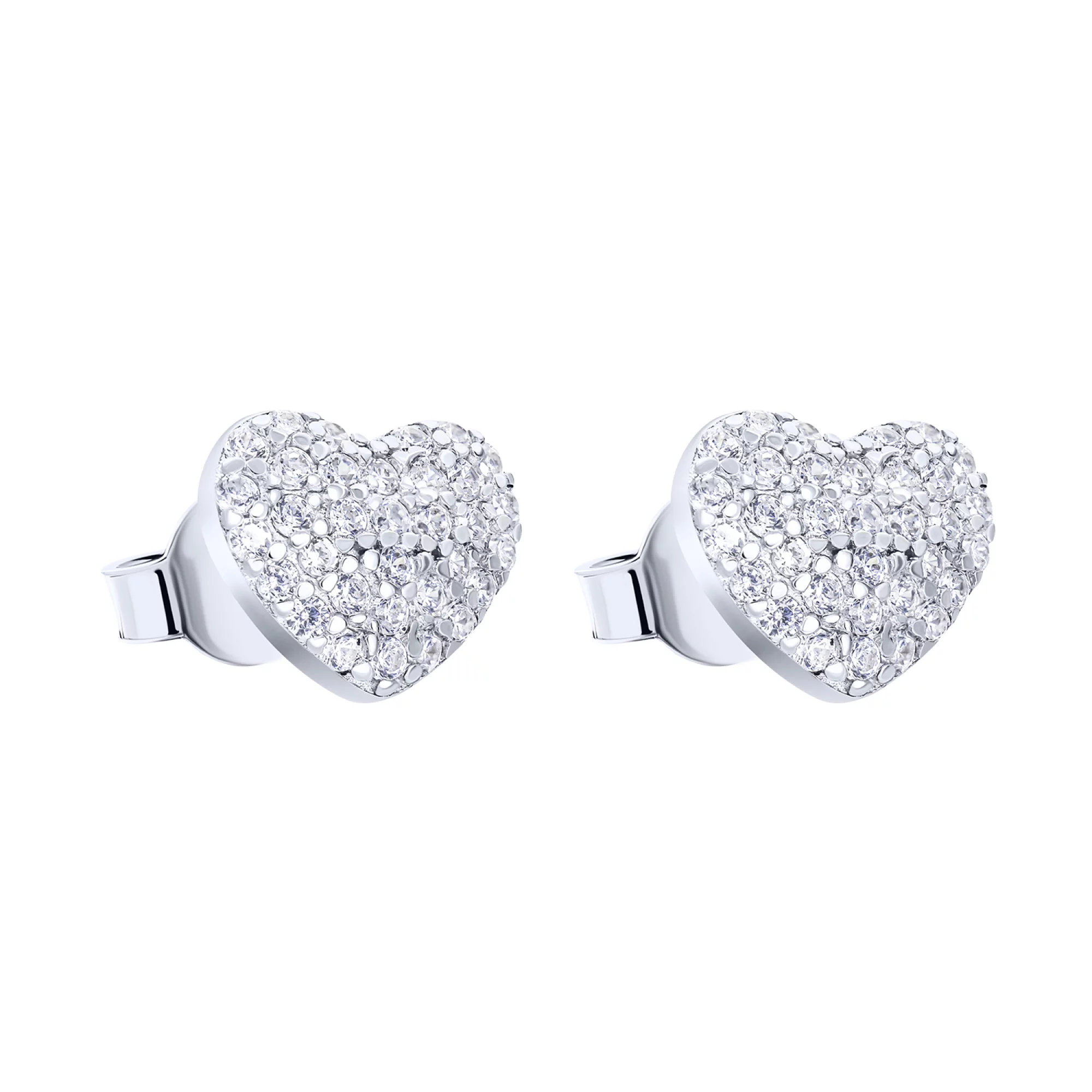 Сережки-гвоздики срібні з фіанітами у формі серця - 1572528 – зображення 1