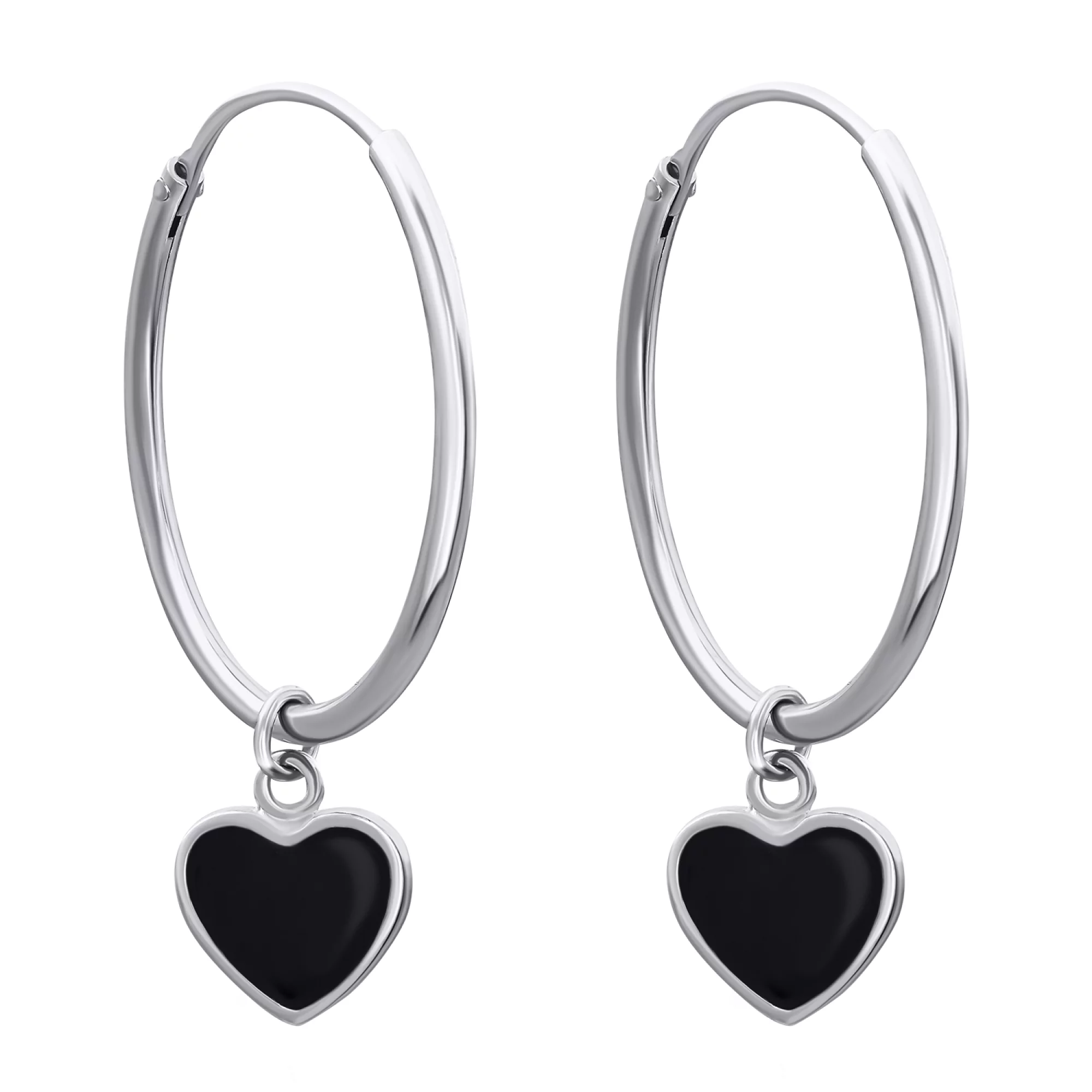 Сережки-кольца серебряные с эмалью "Сердечки" - 1483511 – изображение 1
