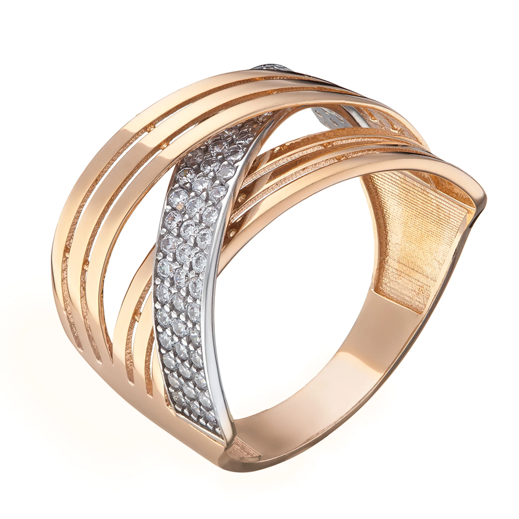 Золотое кольцо с комбинированного золота с фианитами - 538723 – изображение 1