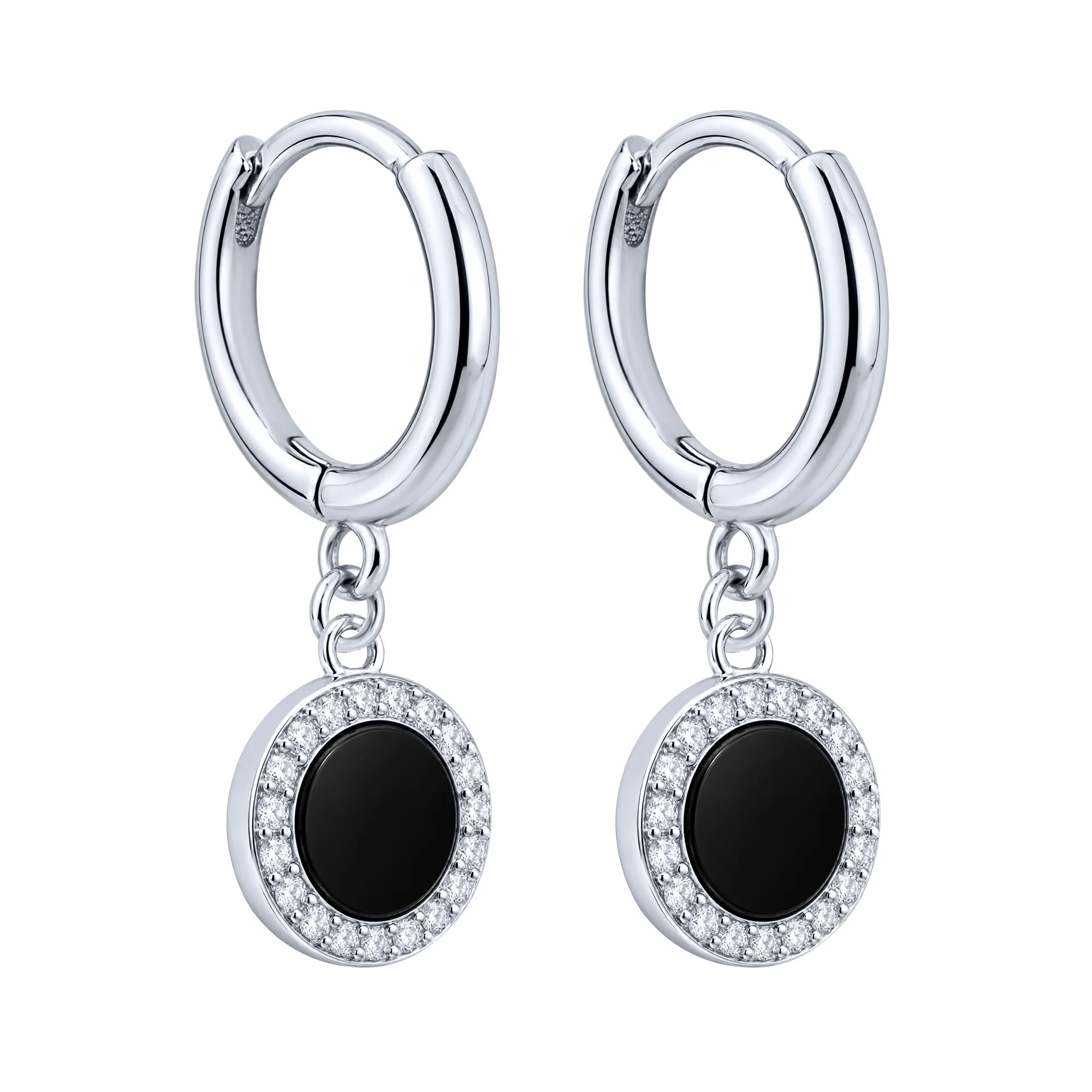 Сережки-кольца из серебра с подвесами с ониксом и фианитами  - 2260789 - 1