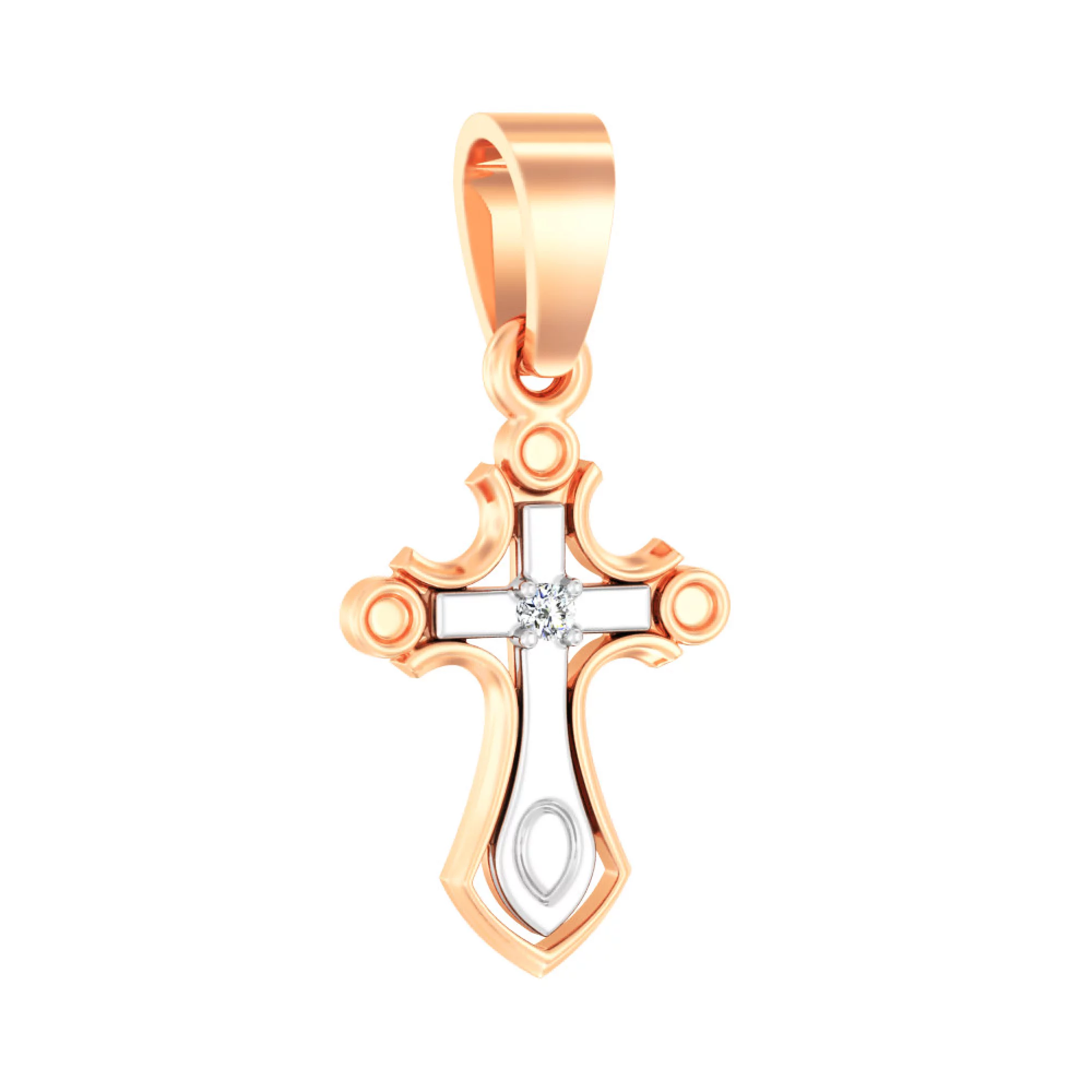 Крестик из комбинированого золота с фианитом - 969091 – изображение 1