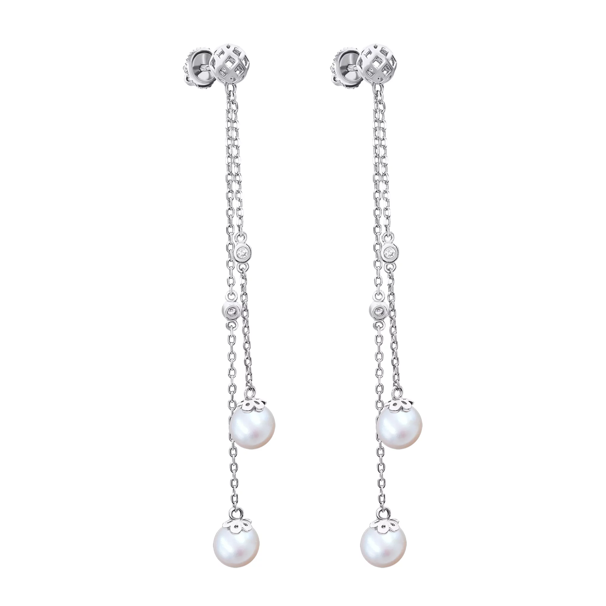 Сережки-гвоздики с подвесами с жемчугом и фианитом из серебра - 1468760 – изображение 1