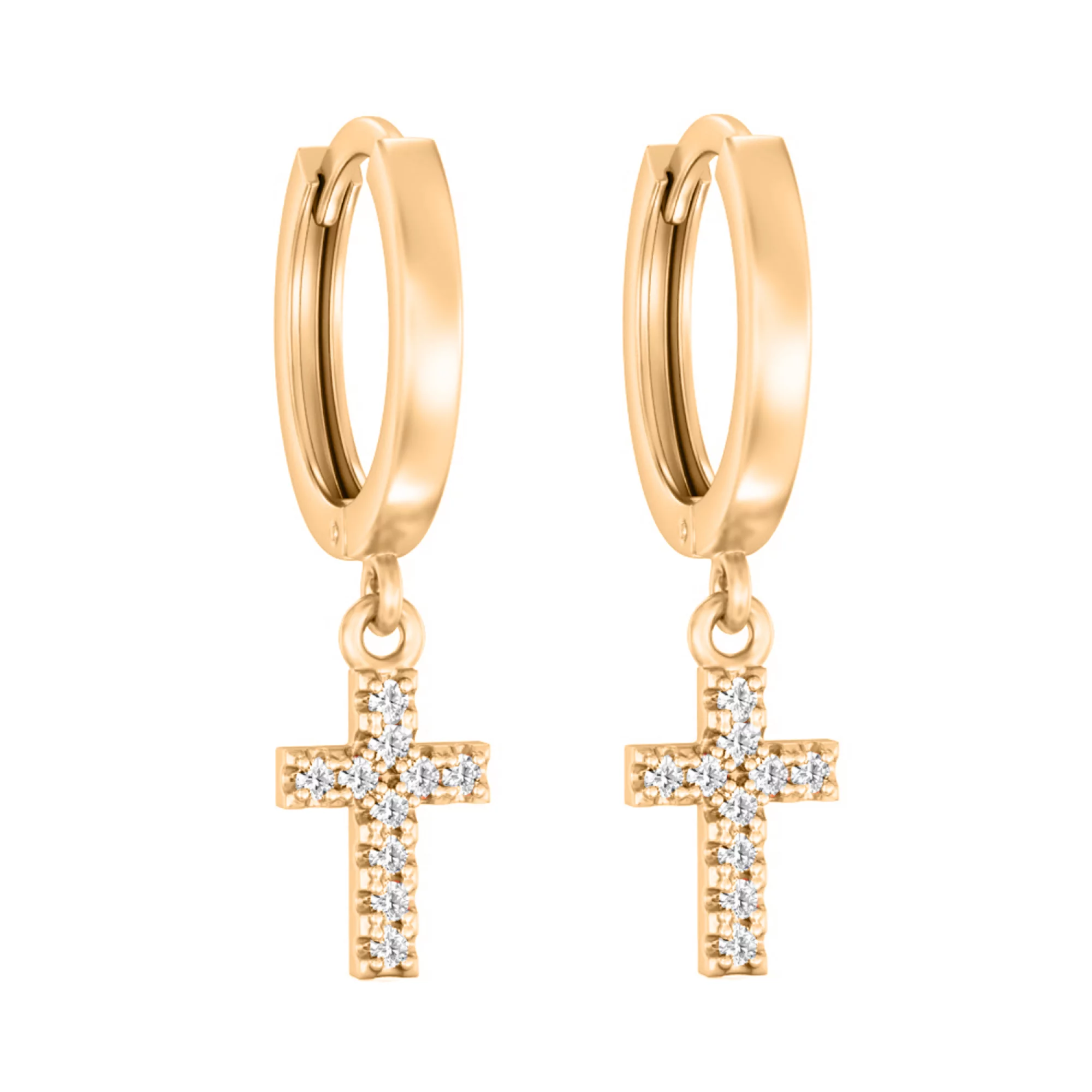 Золотые серьги-кольца с подвесным крестиком и фианитами - 1694131 – изображение 1
