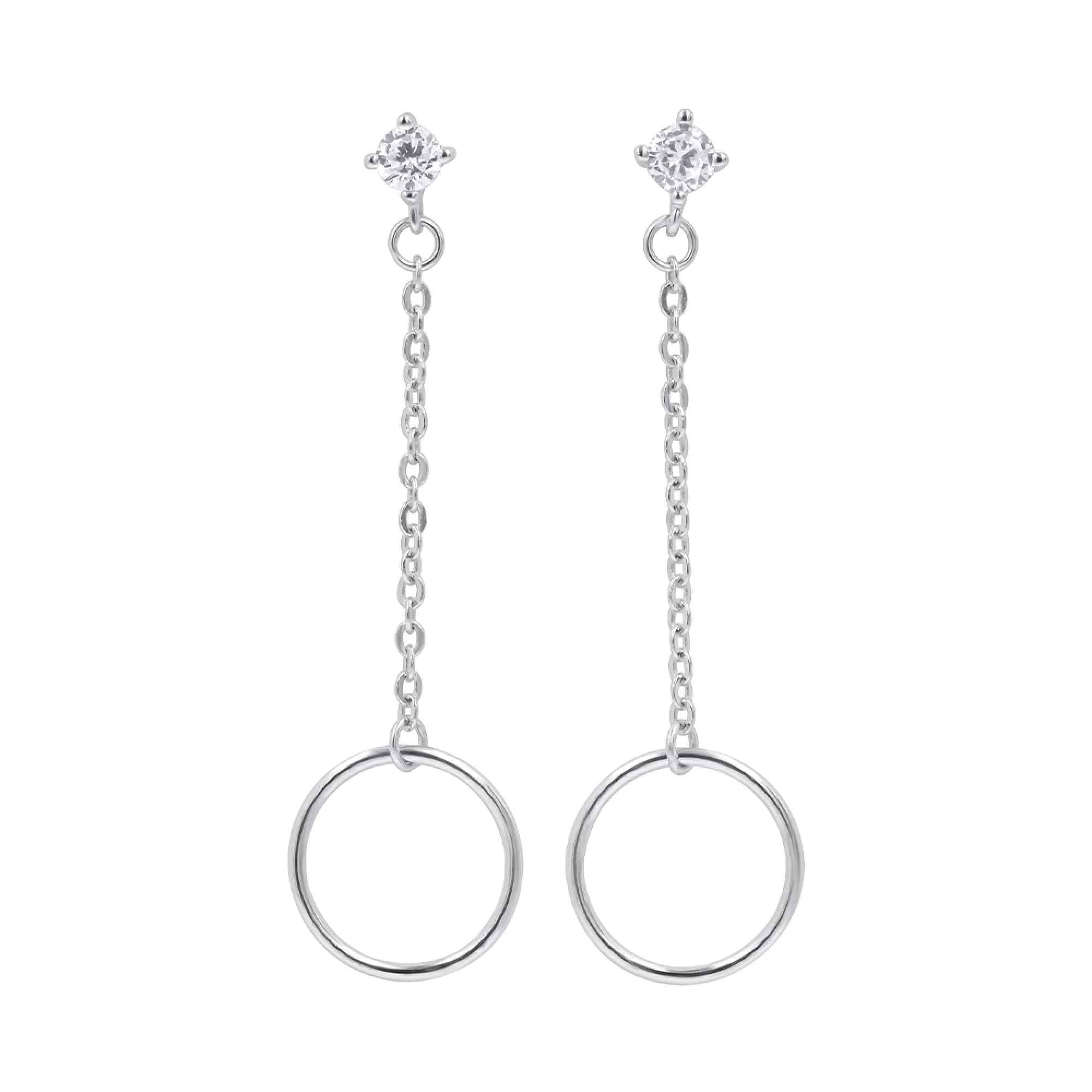 Серебряные серьги-гвоздики с фианитом с подвесами кольца - 1347899 – изображение 1